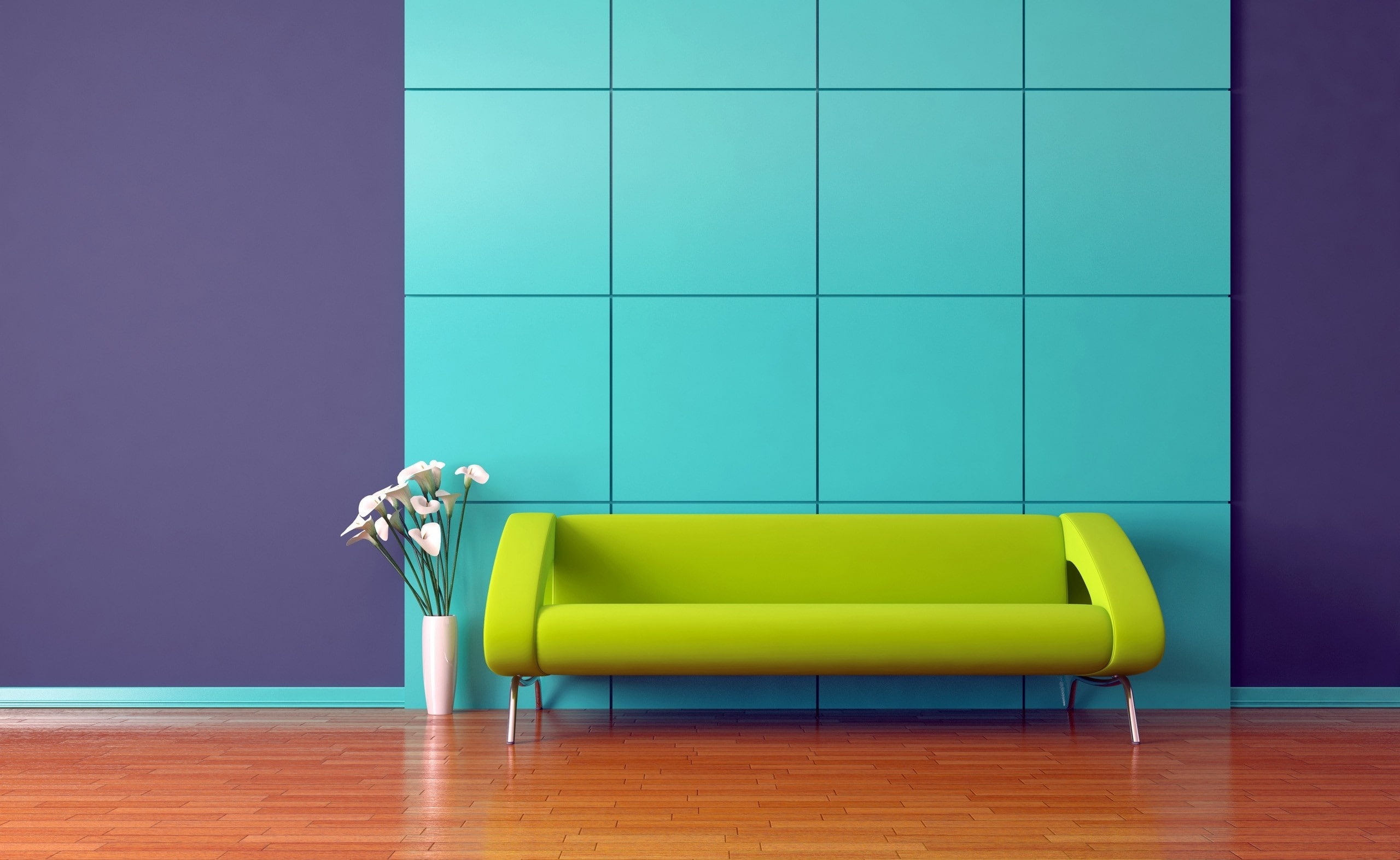 wall - building feature, Architecture, home, living room, green color, flooring, no people, Couch, furniture, hardwood floor, seat, empty, indoors, home interior, HD Wallpaper