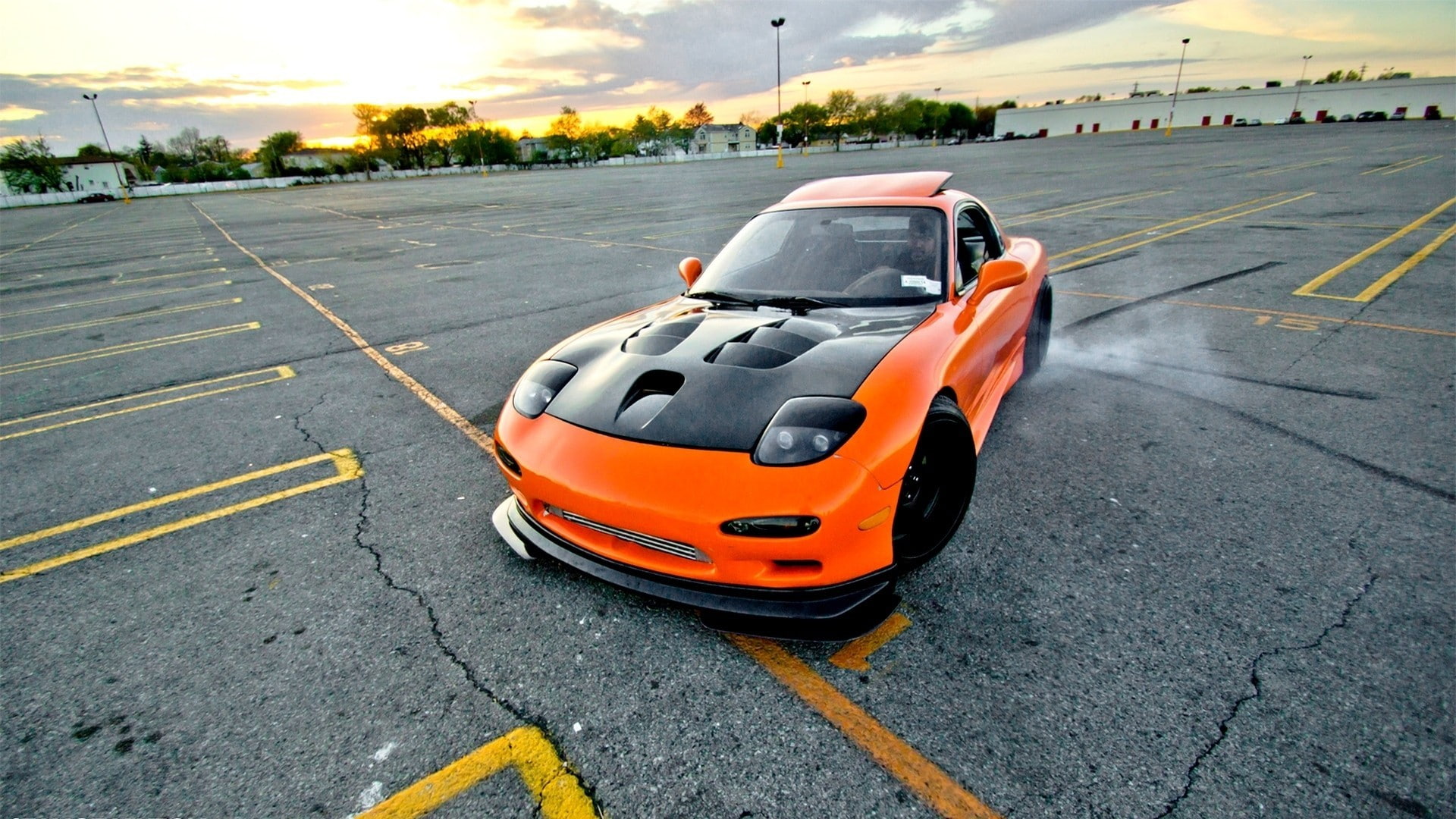 drift, tuning, orange, car, Mazda RX-7, 1080P, HD Wallpaper
