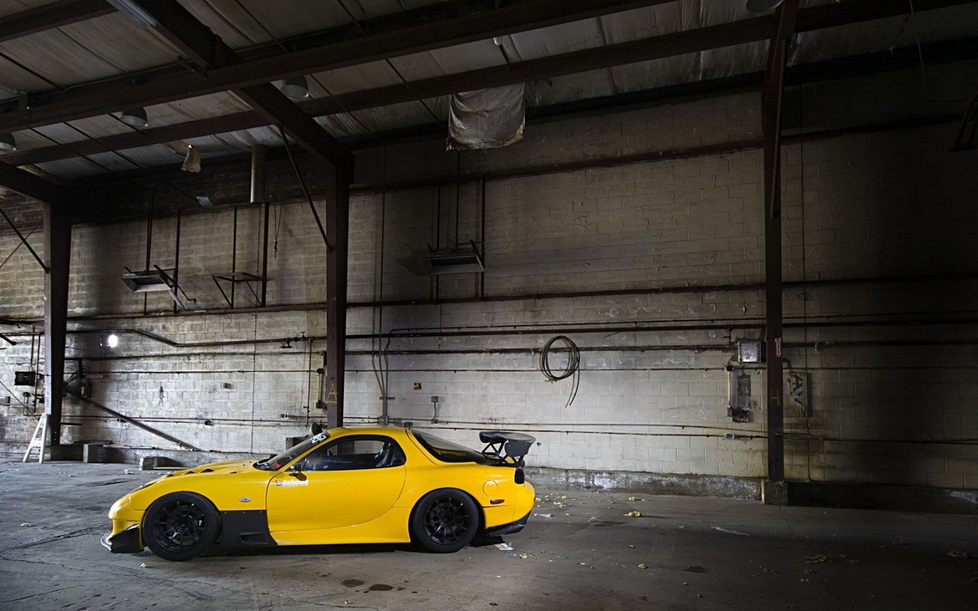 industry, taxi, yellow taxi, yellow cars, indoors, JDM, motor vehicle, 1080P, wheel, car, Rx-7, Mazda, warehouse, domestic room, mode of transportation, HD Wallpaper