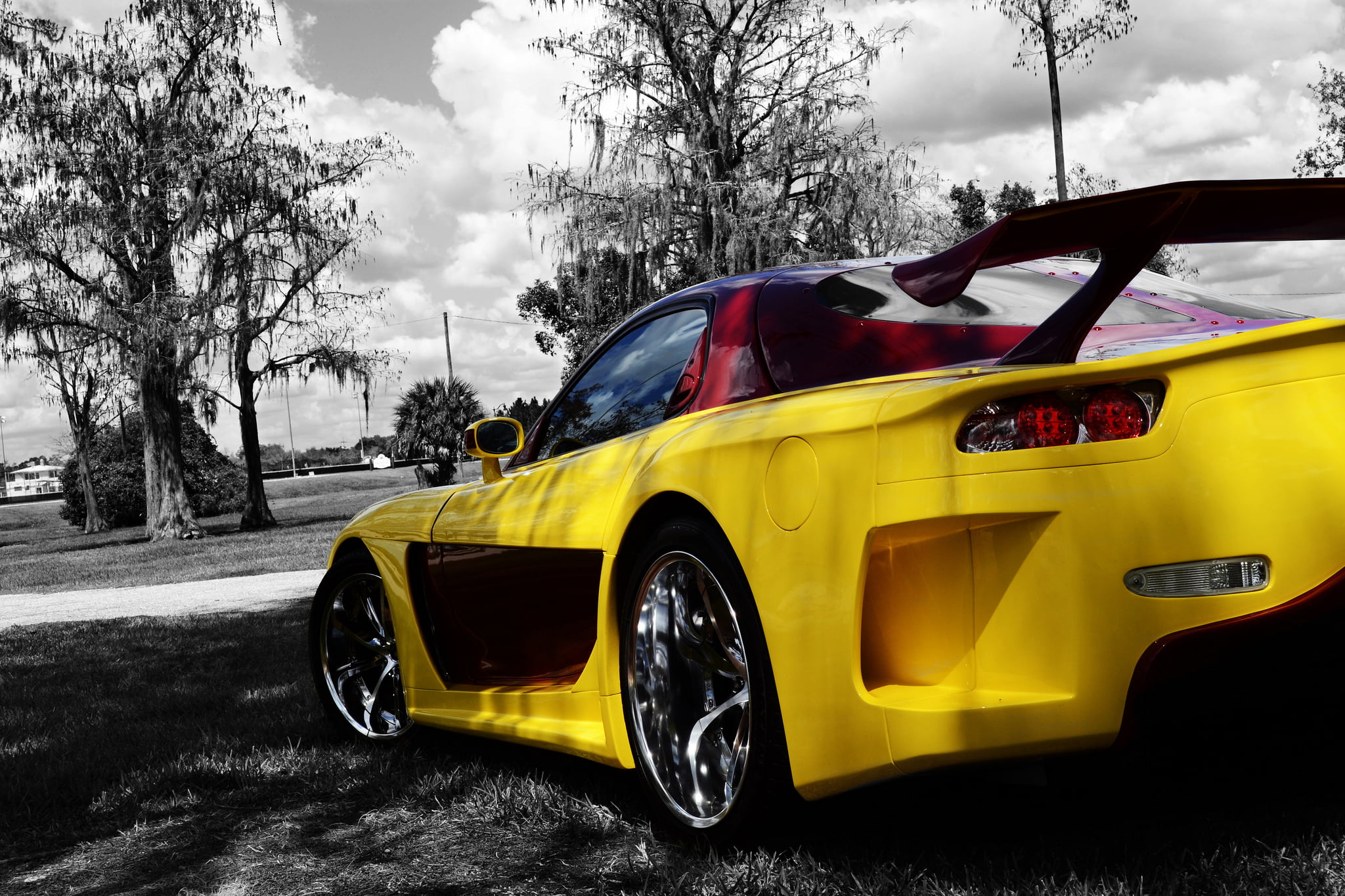 taxi, transportation, street, Yellow, motor vehicle, Veilside, car, sky, coupe, outdoors, cloud - sky, tree, city, Tuning, no people, nature, stationary, HD Wallpaper