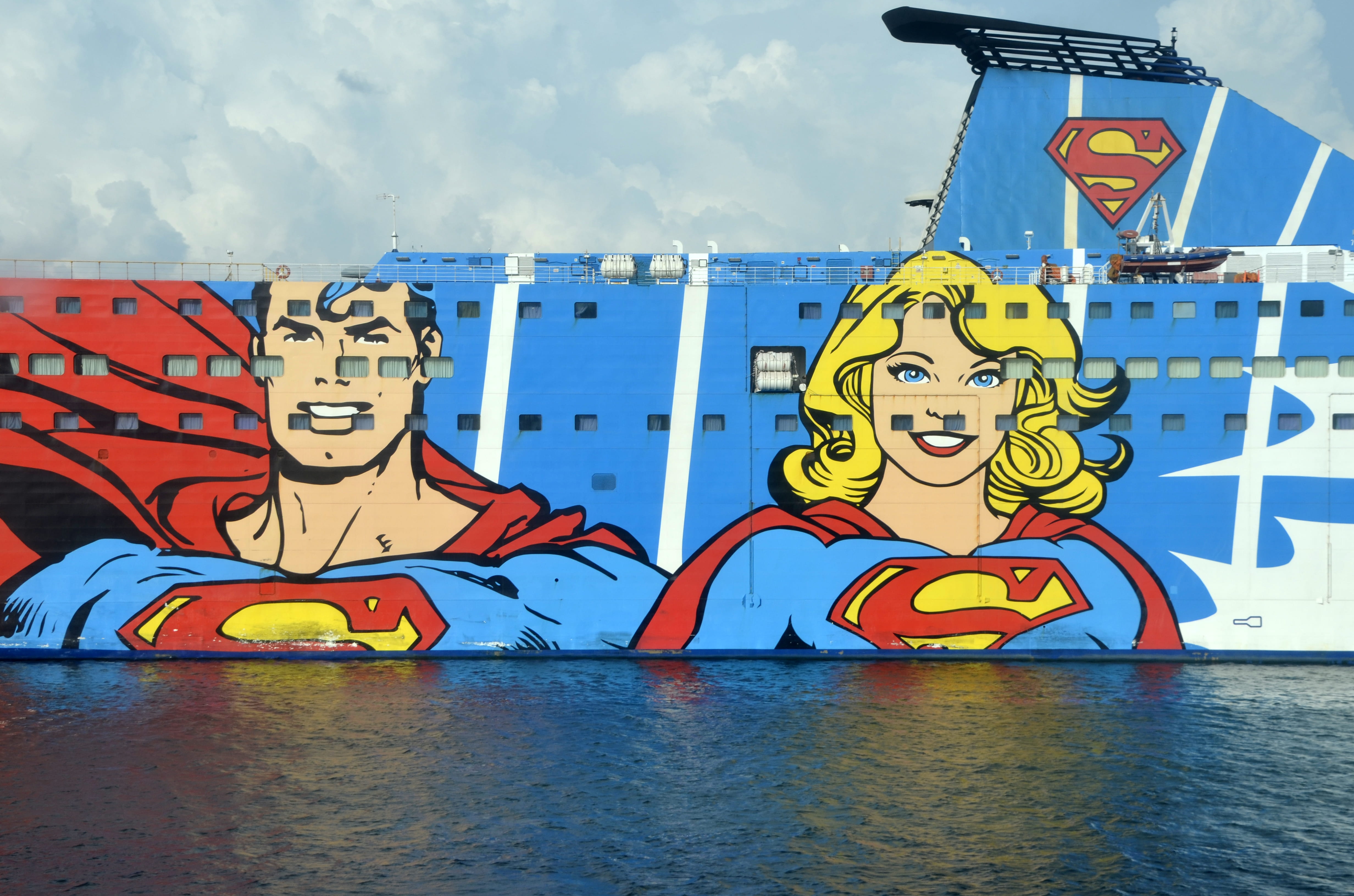 sky, graffiti, superman, art and craft, multi colored, 4K, nature, mural, human representation, architecture, waterfront, supergirl, sailboat, built structure, HD Wallpaper