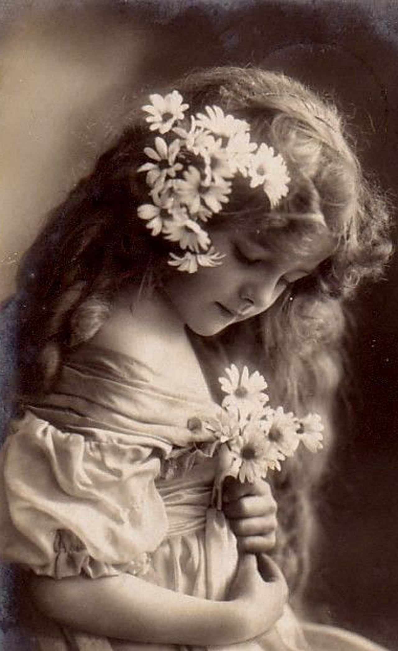 hairstyle, offspring, photography, vintage, one person, indoors, studio shot, headshot, holding, females, decal, women, flower, contemplation, grayscale, Phone HD Wallpaper