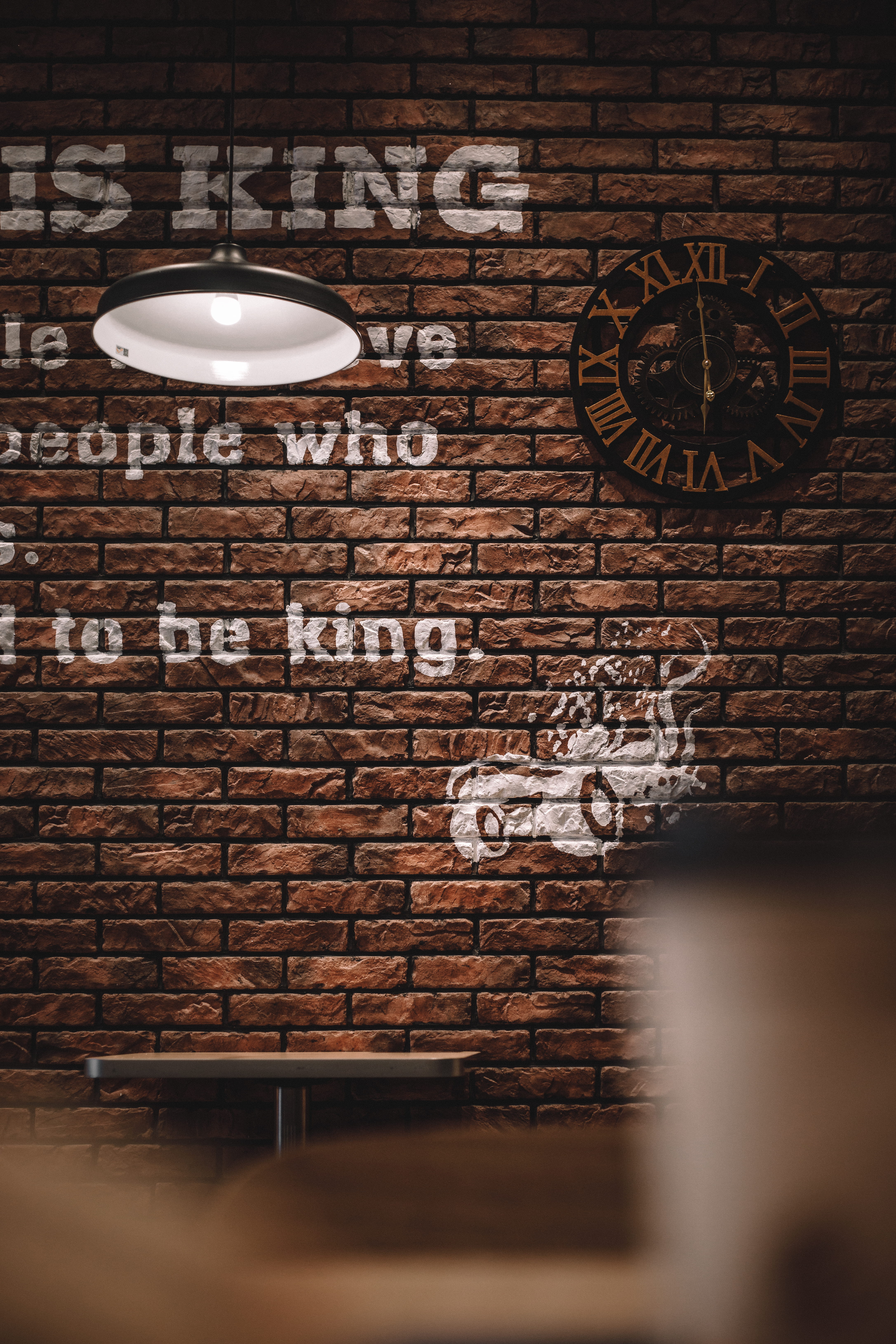 analog, hanging, brick wall, concrete, decal, pendant, built structure, clock, ceiling, architecture, 5K, text, absence, wall, communication, lighting equipment, Phone HD Wallpaper