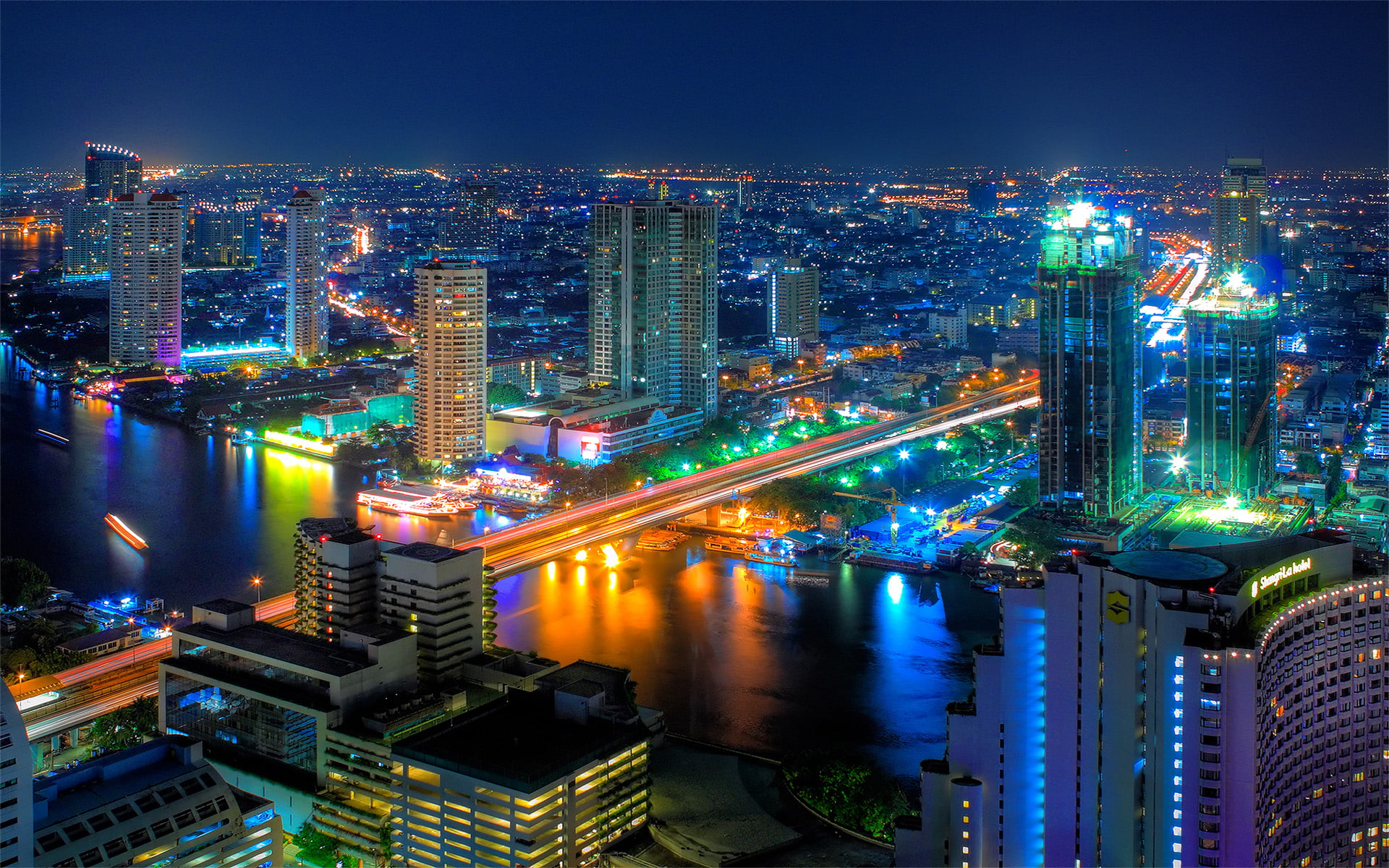 bridge, thailand, lamps, 1080P, lighted, city, night, river, bangkok, panorama, hd, buildings, street, HD Wallpaper