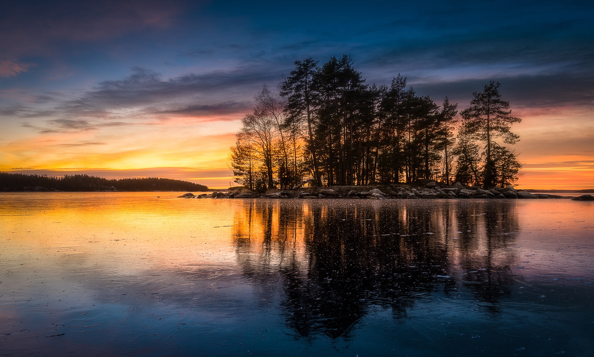 1080P, lake, trees, Tampere has, Lake Näsijärvi, reflection, island, Tampere, Cisco, Finland, sunset, HD Wallpaper