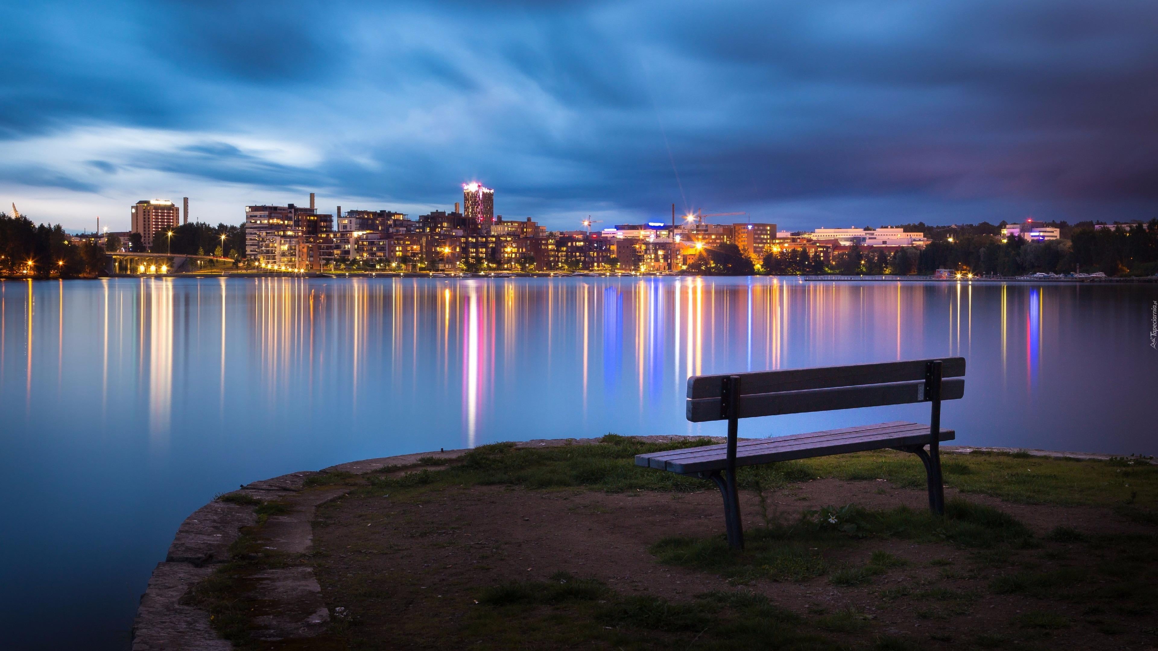 evening, skyline, europe, city, sky, nature, building exterior, horizon, architecture, no people, water, skyscraper, night, dusk, bench, reflection, illuminated, HD Wallpaper