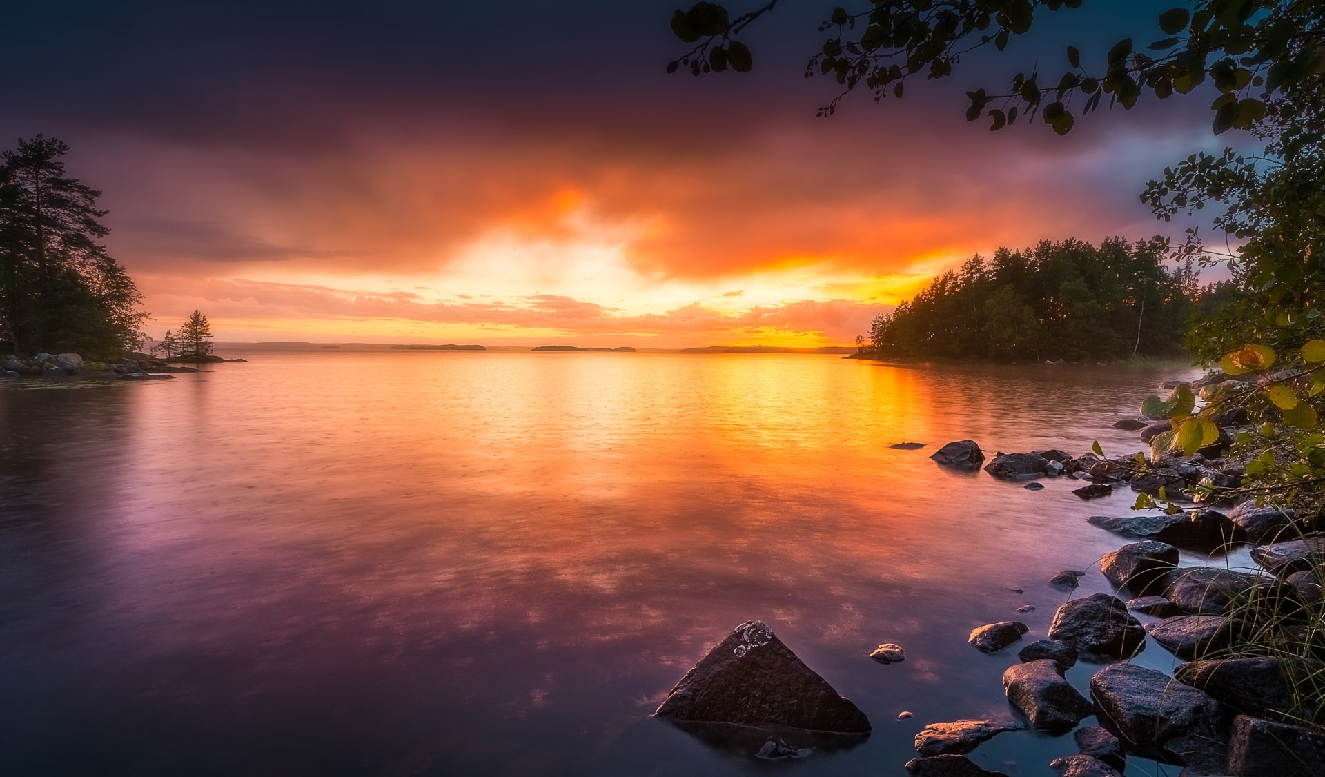 trees, Tampere, Finland, stones, Lake Näsijärvi, sunset, 1080P, lake, HD Wallpaper