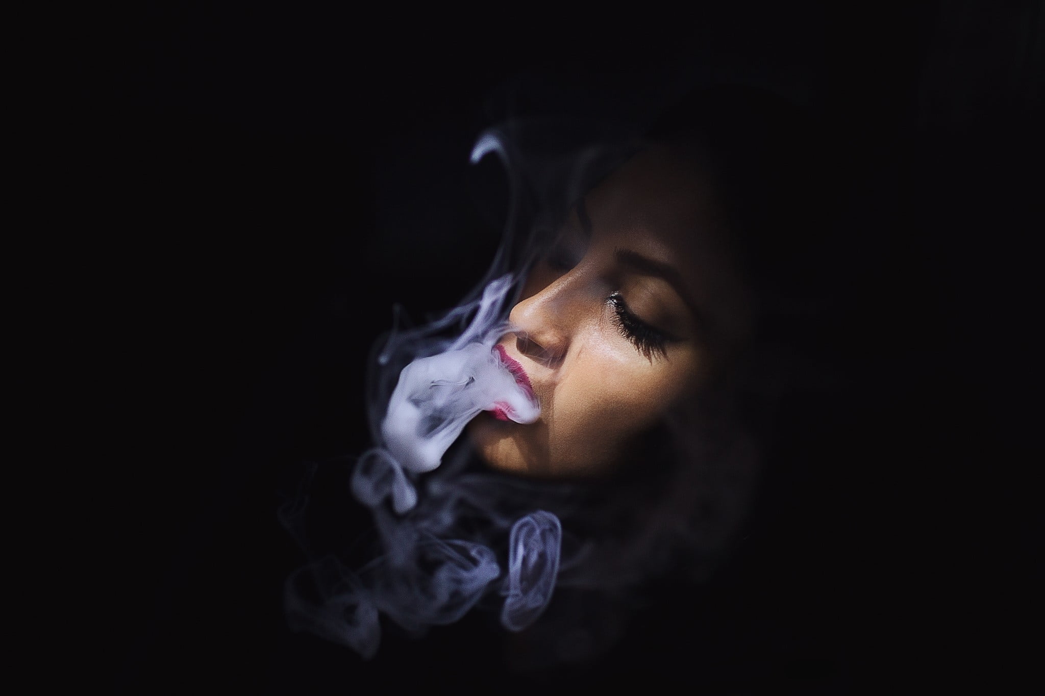 young women, studio shot, copy space, indoors, portrait, human face, profile view, beautiful woman, smoke, headshot, adult, activity, one person, black background, HD Wallpaper