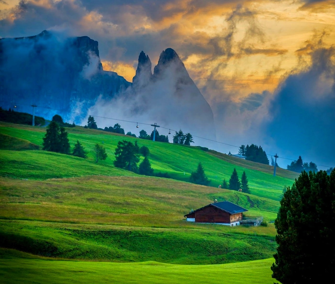 trees, grass, landscape, Dolomites (mountains), Italy, tranquility, fog, farm, cloud - sky, sunset, clouds, no people, field, beauty in nature, scenics - nature, HD Wallpaper