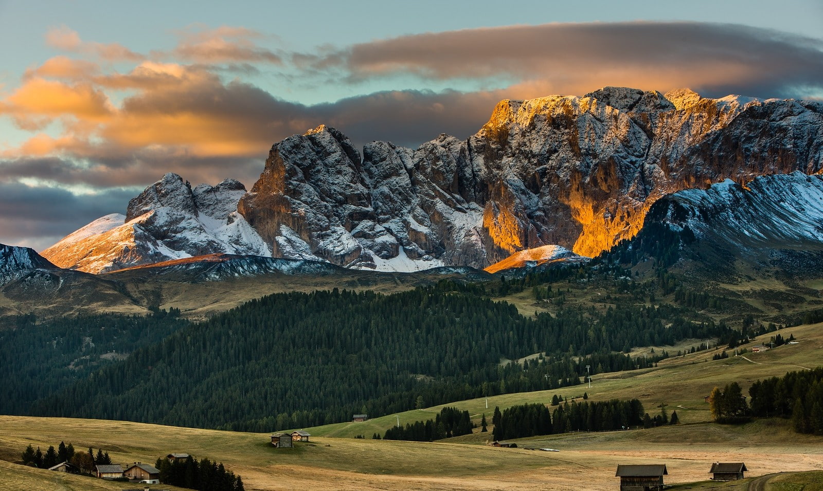clouds, Alps, Dolomites (mountains), snowy peak, nature, mountains, sunset, landscape, grass, forest, 720P, cabin, HD Wallpaper