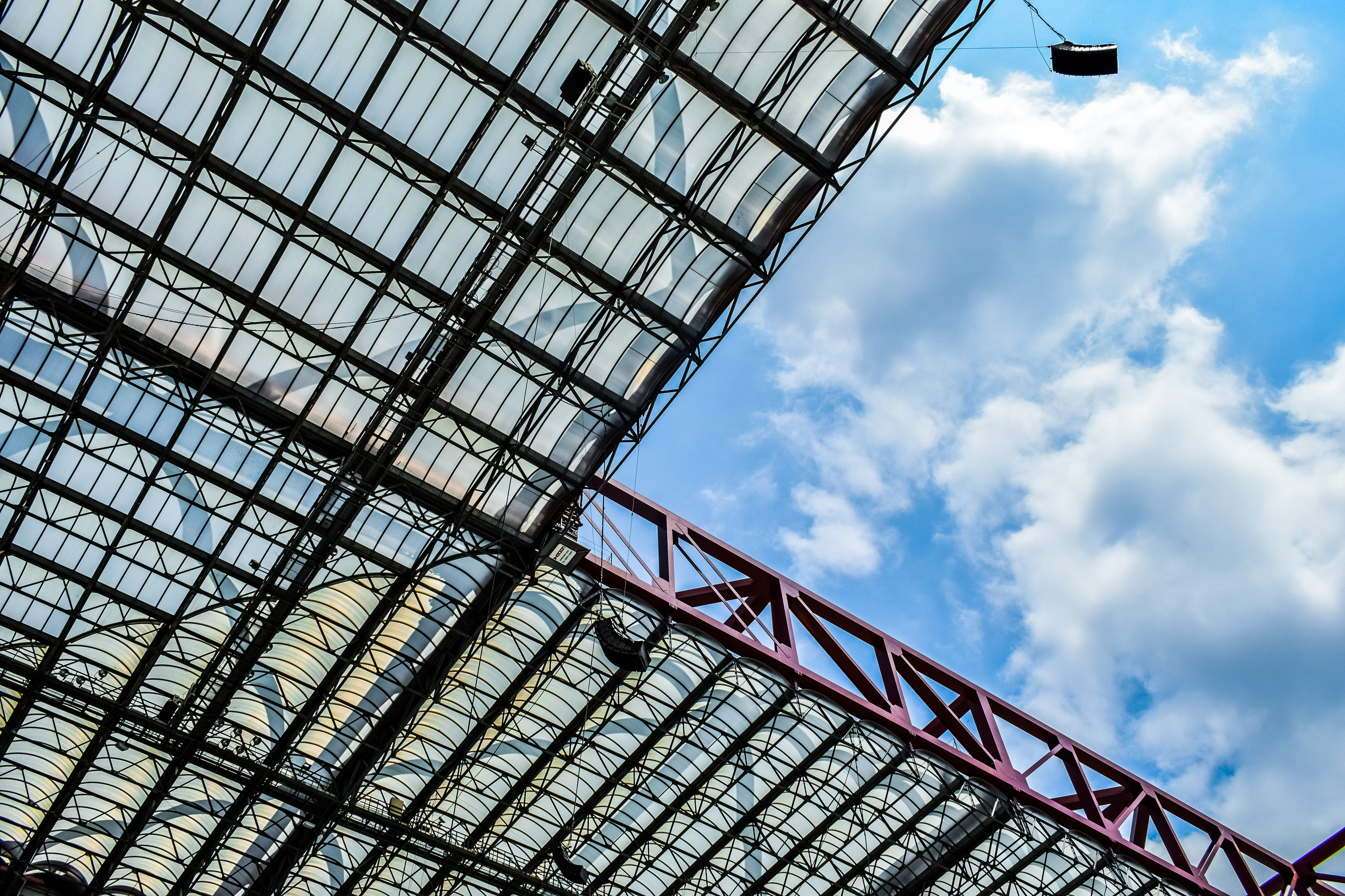 built structure, metal, blue, outdoors, low angle view, pattern, futuristic, design, roof, day, glass - material, cloud - sky, construction, contemporary, HD Wallpaper