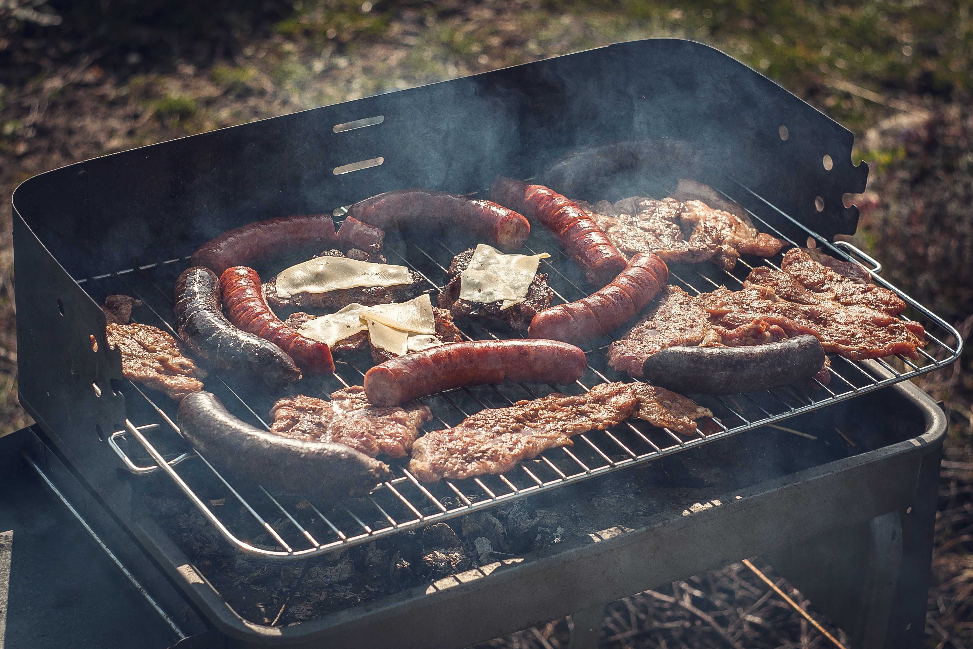 no people, cooking, high angle view, summer, temptation, black pudding, 4K, barbecue, food, pork chop, freshness, cheese, gourmet, charcoal, sunny day, HD Wallpaper