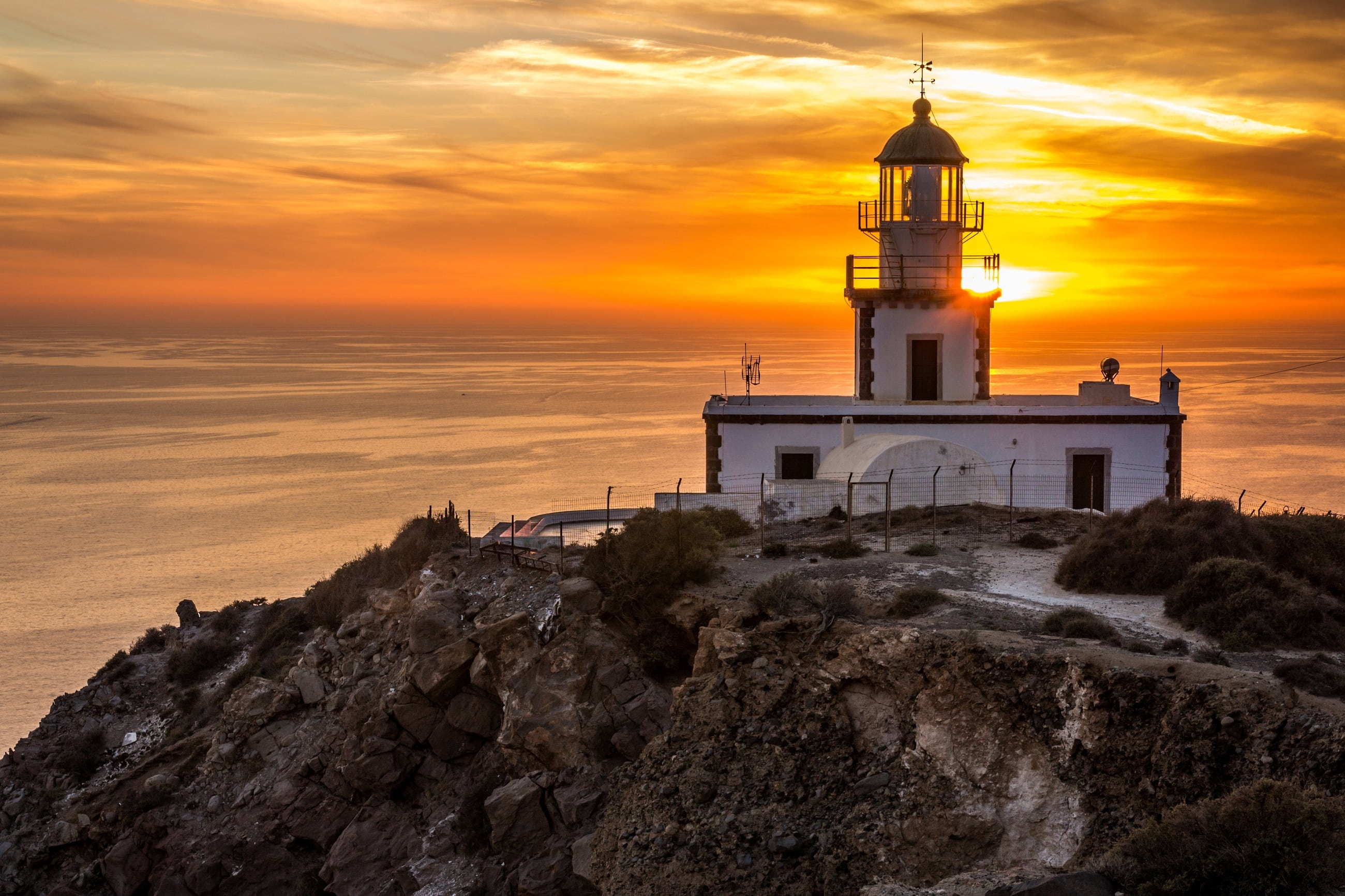 santorini akrotiri lighthouse, safety, beacon, tower, protection, solid, landscape, navigation, scenic, ocean, dusk, seaside, sunset, architecture, sea, HD Wallpaper