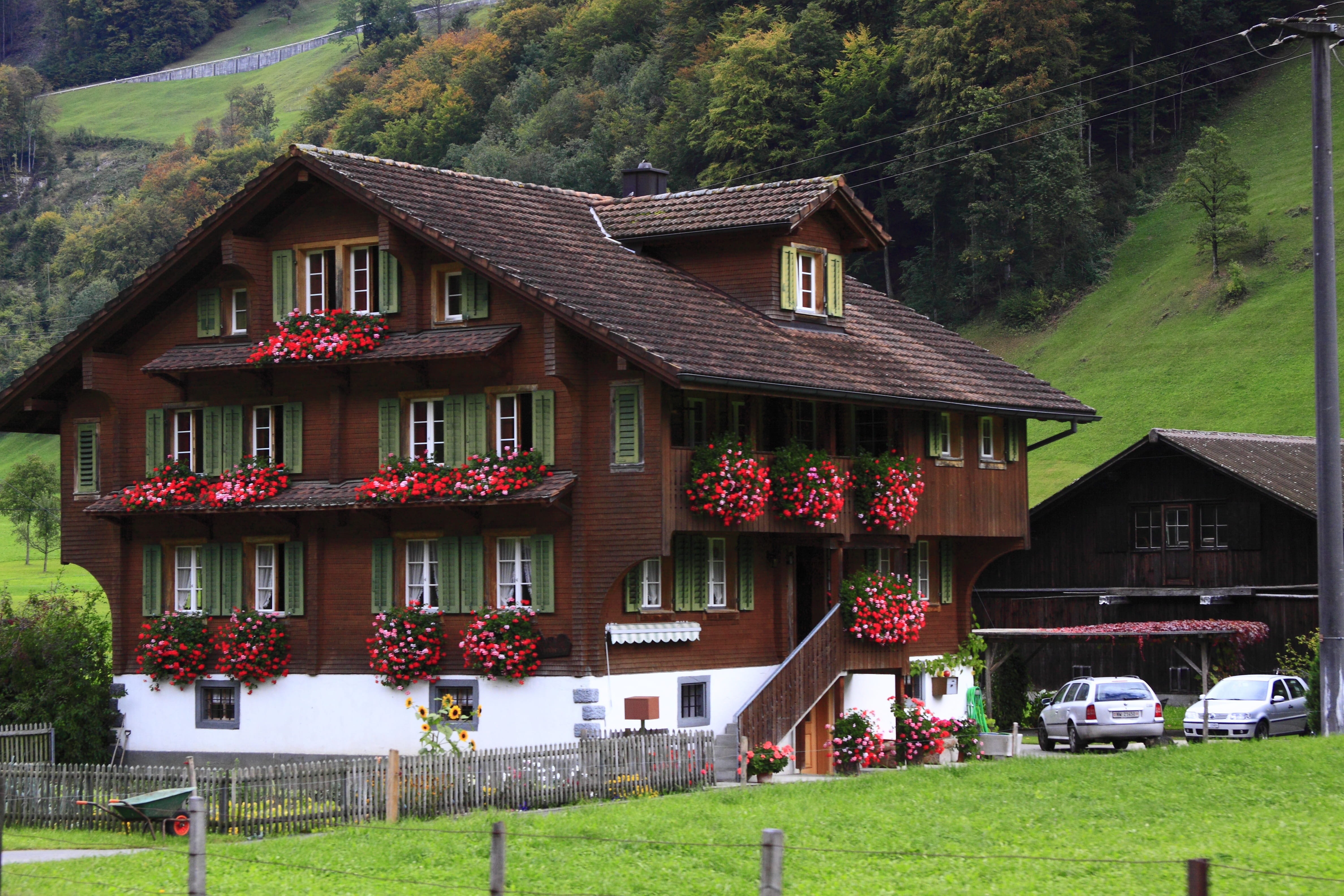 brown, Building, architecture, green, day, nature, flowers, outdoors, switzerland, window, house, plant, building exterior, tree, built structure, no people, HD Wallpaper