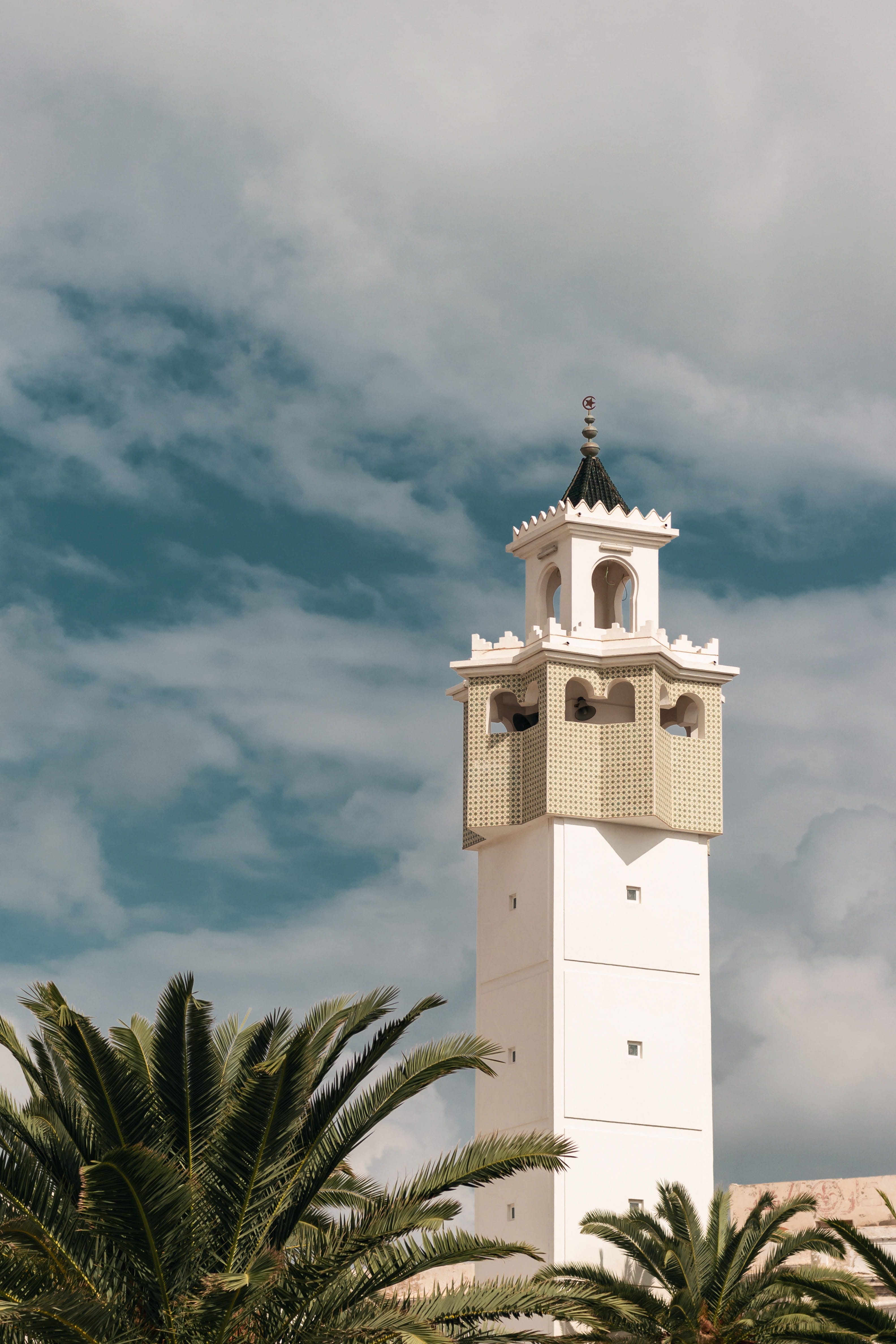abies, tower, outdoors, sky, spirituality, church, beacon, cloud - sky, concrete, flora, building, building exterior, religion, tree, cathedral, mahdia, Phone HD Wallpaper