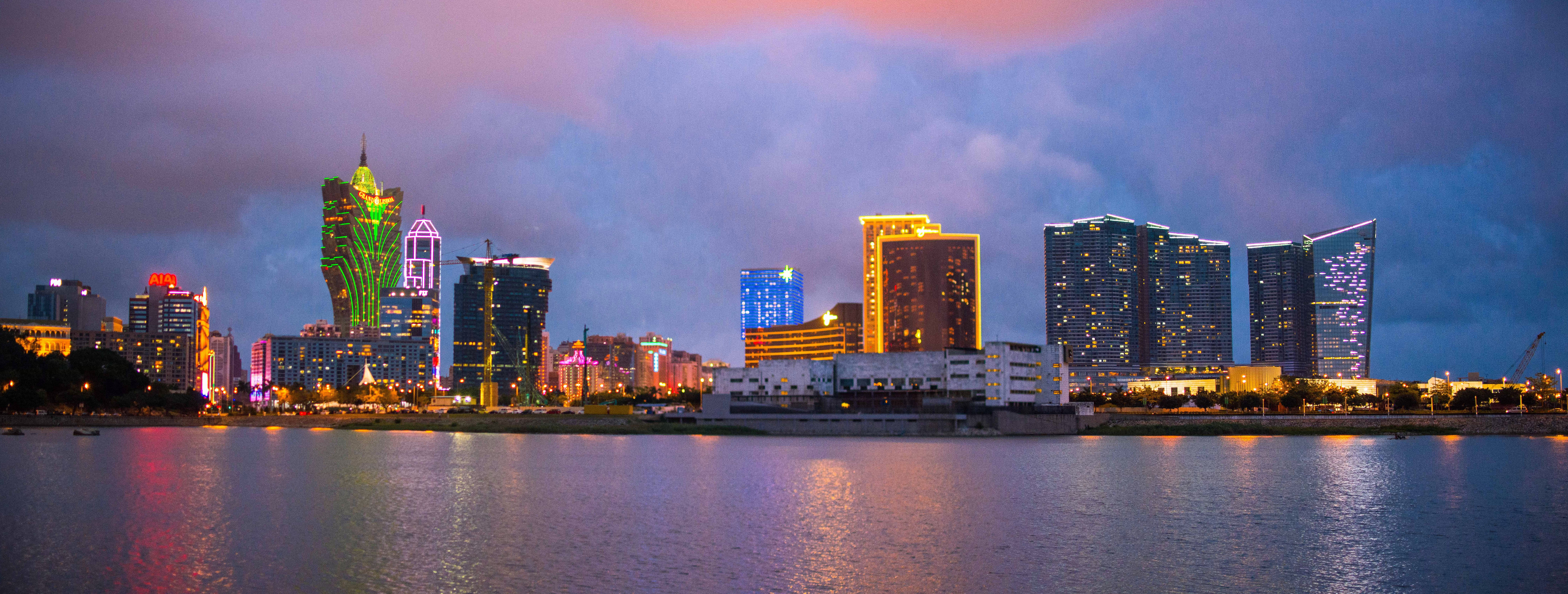 architecture, built structure, outdoors, Macau, golden, office building exterior, travel destinations, illuminated, reflection, office, cityscape, hour, HD Wallpaper