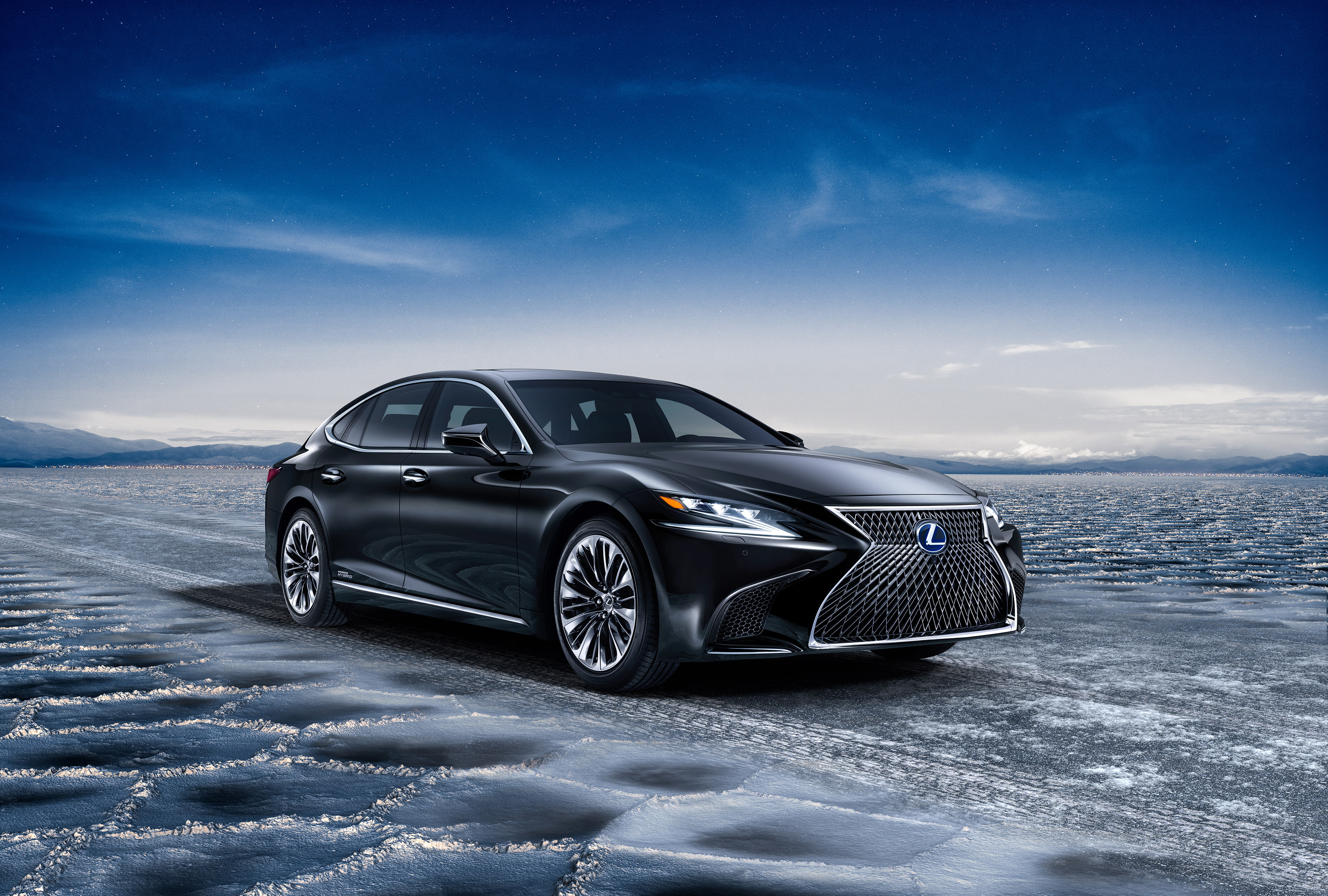Lexus LS 500h, car, 4K, blue, road trip, transportation, snow, environment, no people, mode of transportation, outdoors, motion, nature, wealth, 2017, HD Wallpaper