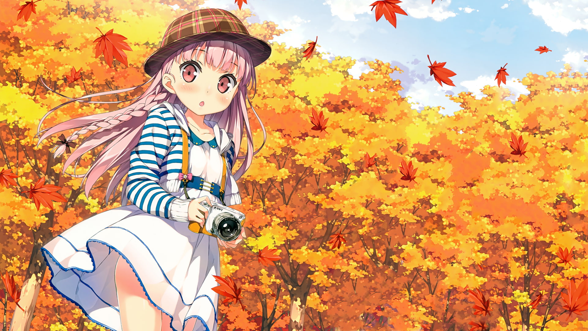 leaves, plant part, pink hair, animal representation, leaf, tree, maple leaf, sky, animal, no people, 1080P, nature, representation, yellow, Kantoku, beauty in nature, HD Wallpaper