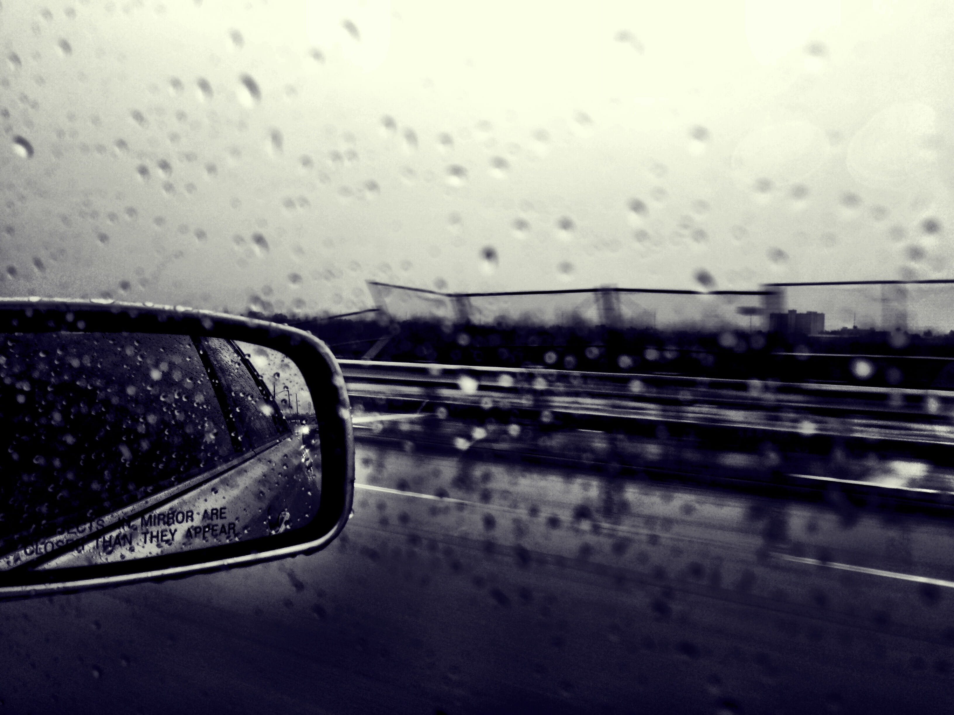 dew, reflection, no people, mirror, vehicle mirror, wet, street, glass - material, rain, 2K, mode of transportation, transparent, traffic, droplets, highway, HD Wallpaper