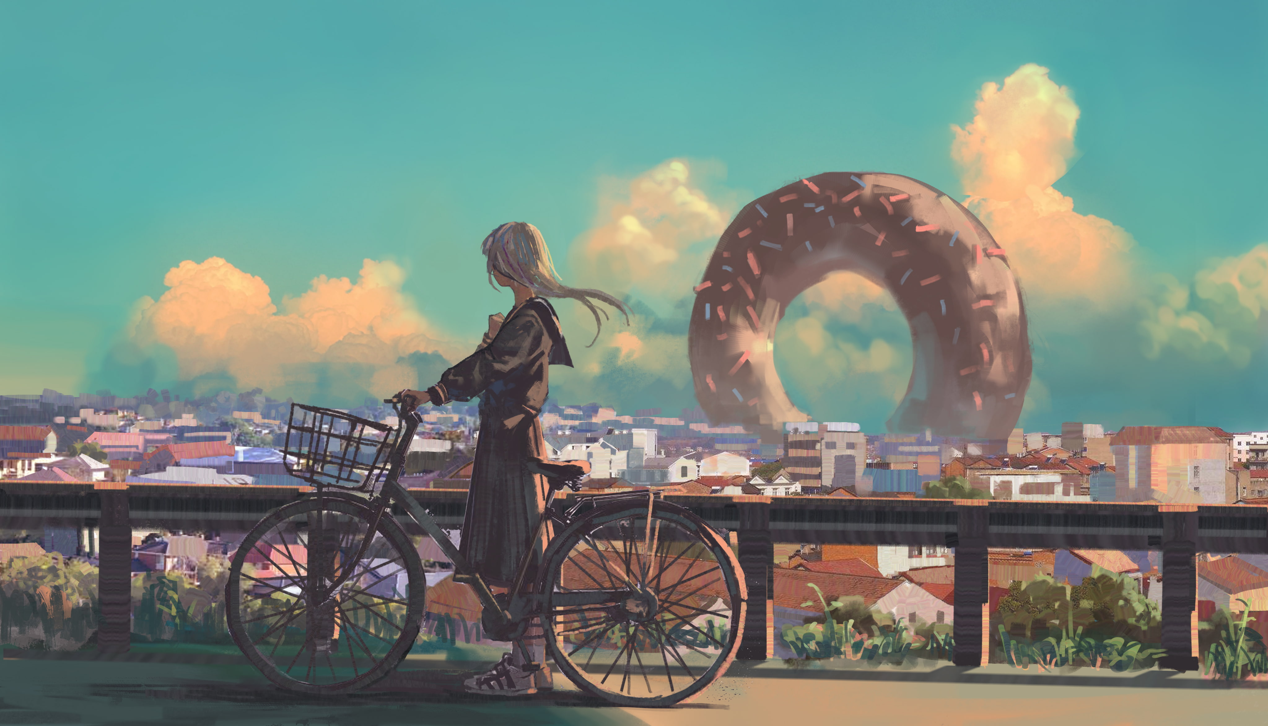bicycle, 4K, anime, outdoors, anime girls, donut, cityscape, vehicle, HD Wallpaper