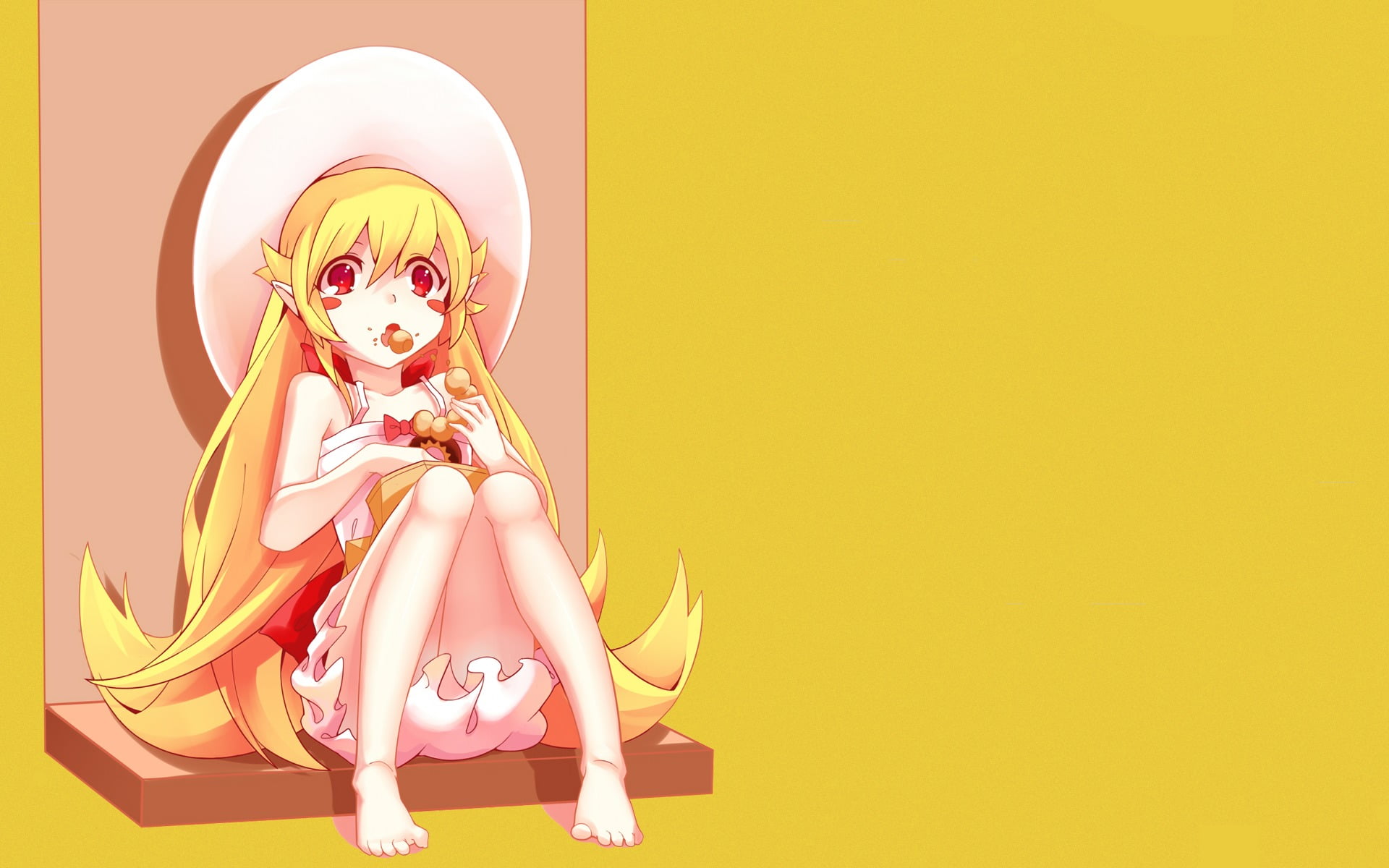 representation, blond hair, clothing, pink, young adult, Monogatari Series, studio shot, anime, beauty, character, shelf, Oshino Shinobu, women, females, HD Wallpaper