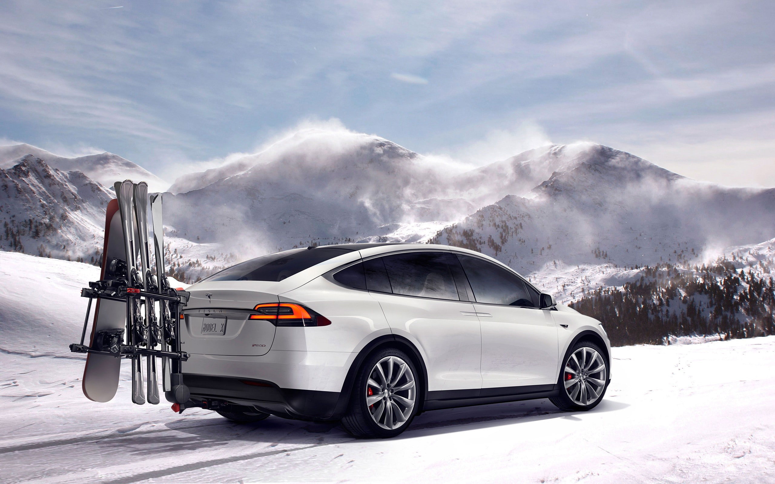 Tesla Model X, Skis, 2K, snow, mountain, Snowboards, car, HD Wallpaper