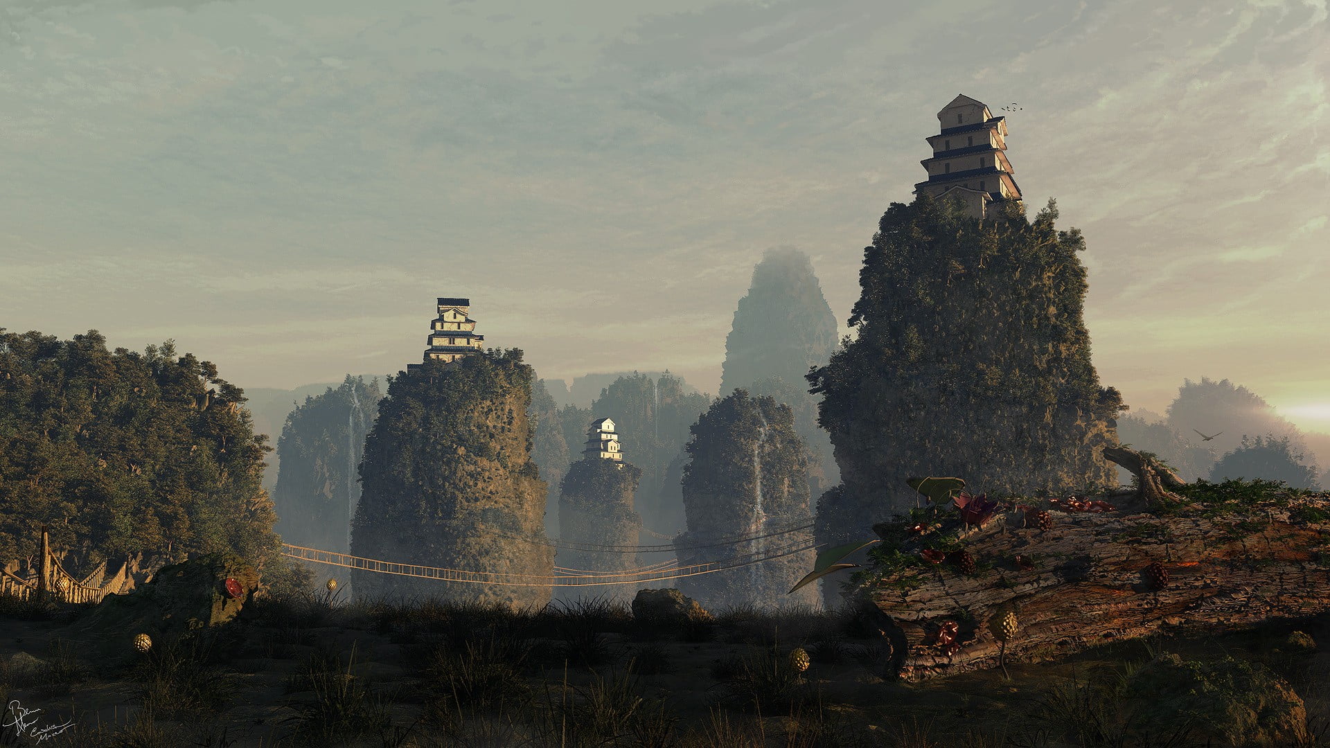 1080P, place of worship, Asian architecture, mountains, building exterior, ancient civilization, photography, nature, architecture, tree, artwork, landscape, HD Wallpaper