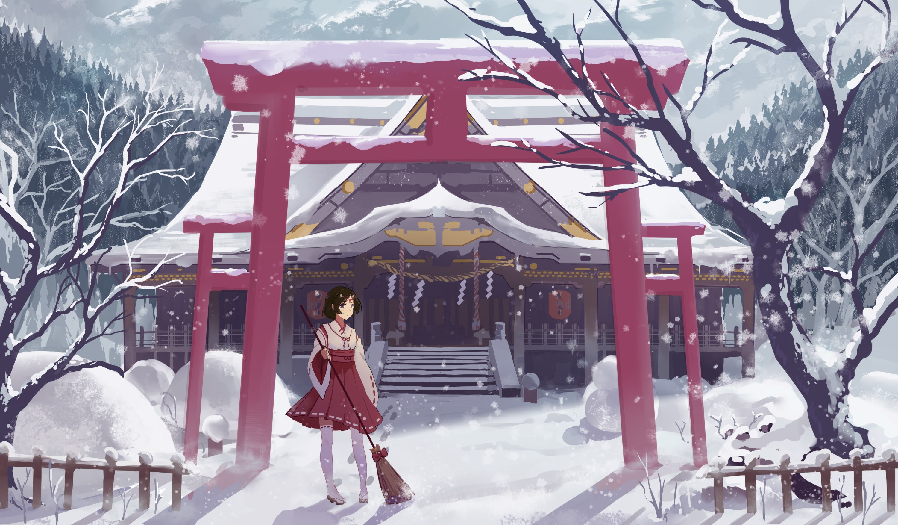 anime girls, Asian architecture, original characters, building, shrine, forest, miko, mountains, arch, house, snow, 2K, dress, winter, trees, HD Wallpaper