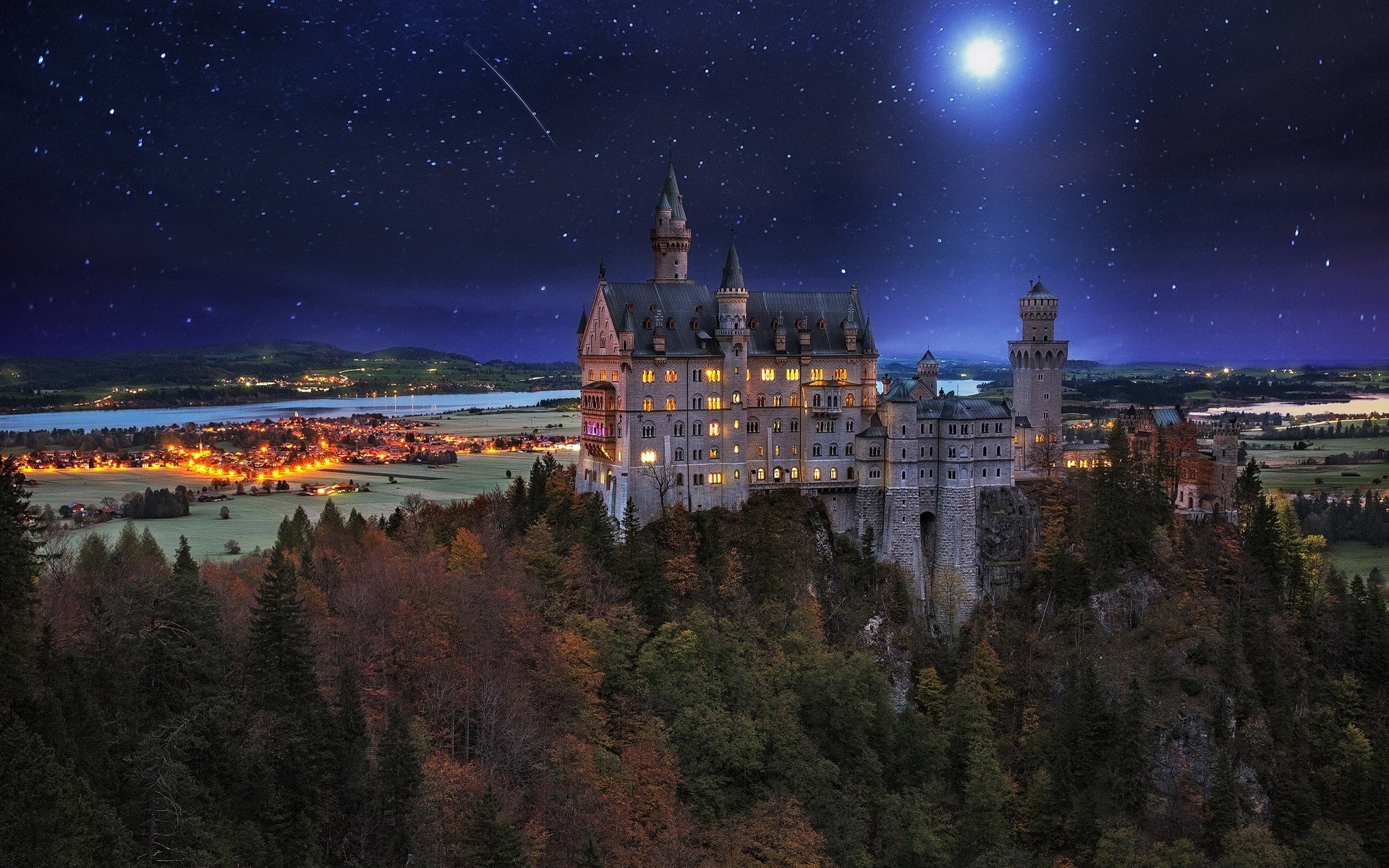 palace, Germany, village, landscape, lights, architecture, nature, fall, Moon, valley, starry night, trees, Neuschwanstein Castle, 1080P, HD Wallpaper