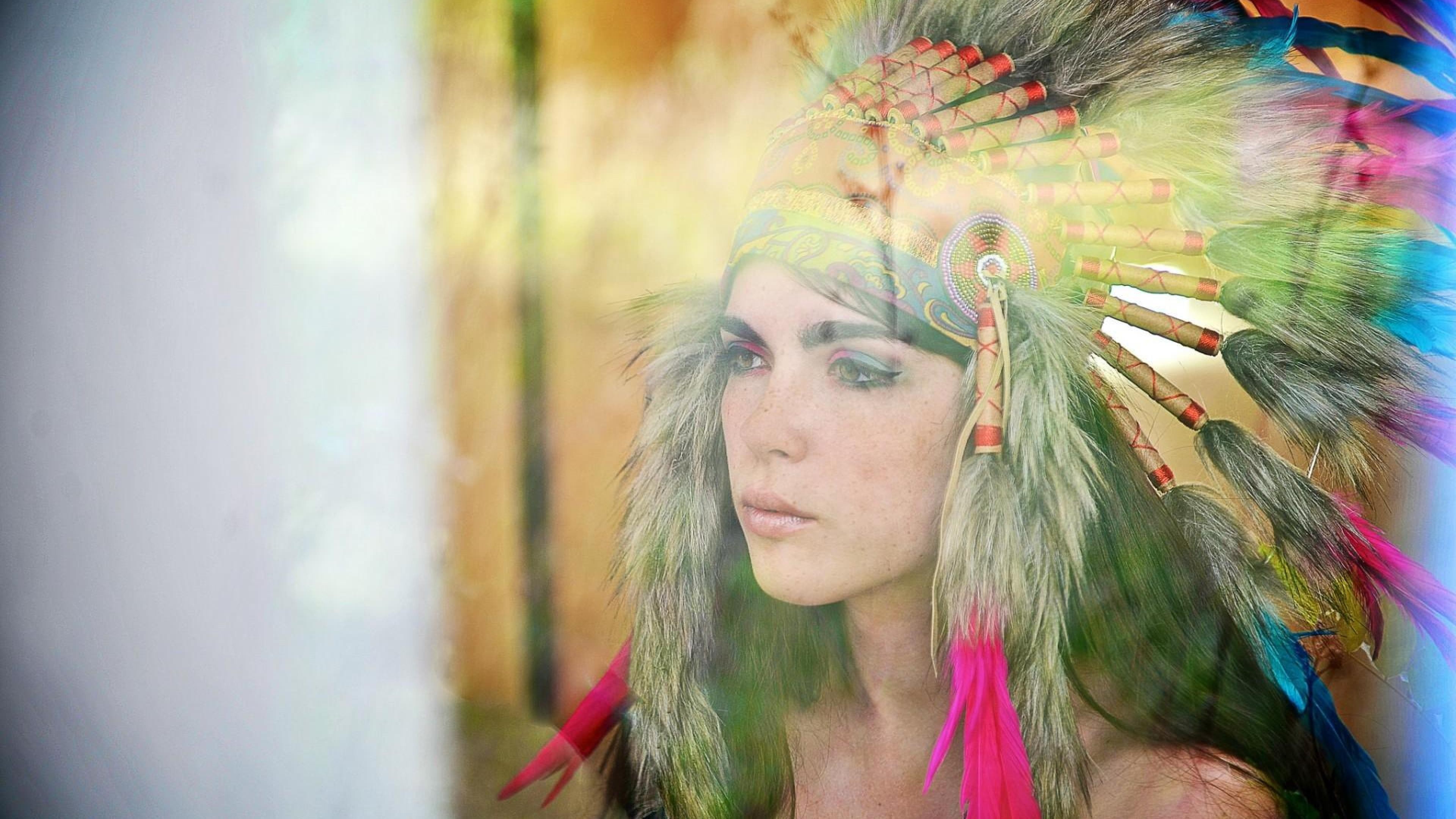 headdress, 4K, looking out window, women, HD Wallpaper