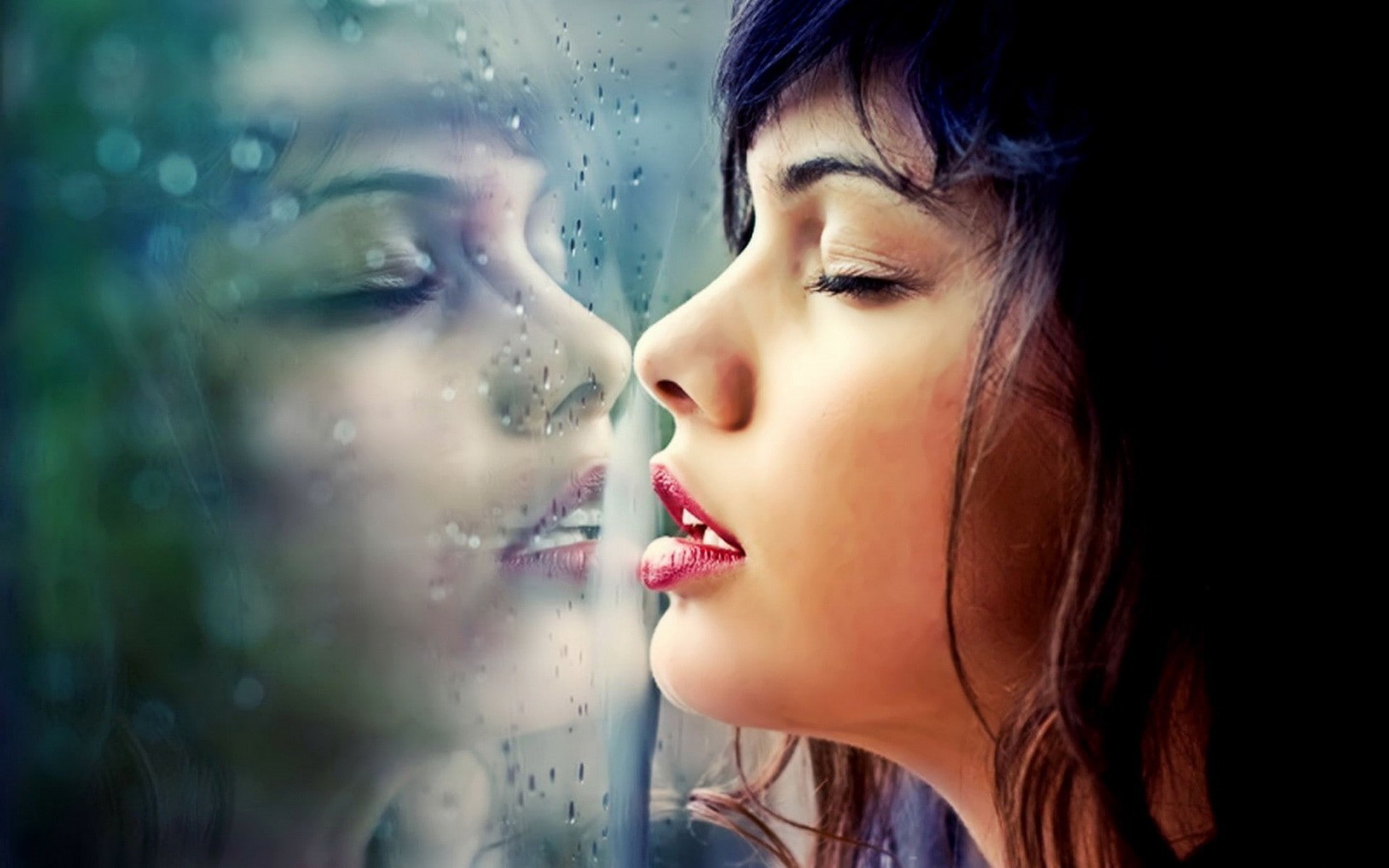 1080P, closed eyes, women, reflection, looking out window, window, HD Wallpaper