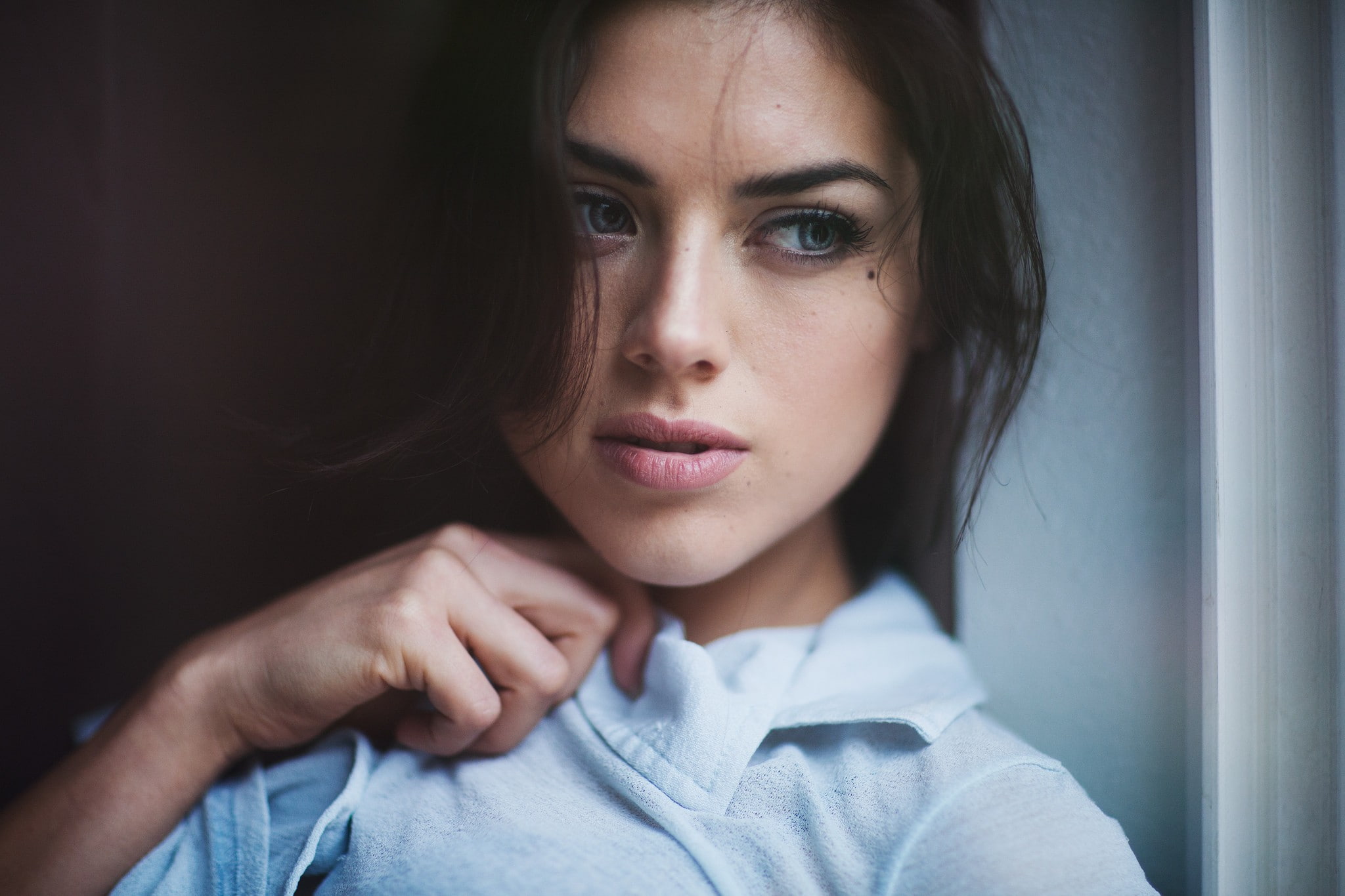 Ruby James, blue eyes, looking out window, 1080P, brunette, face, women, HD Wallpaper