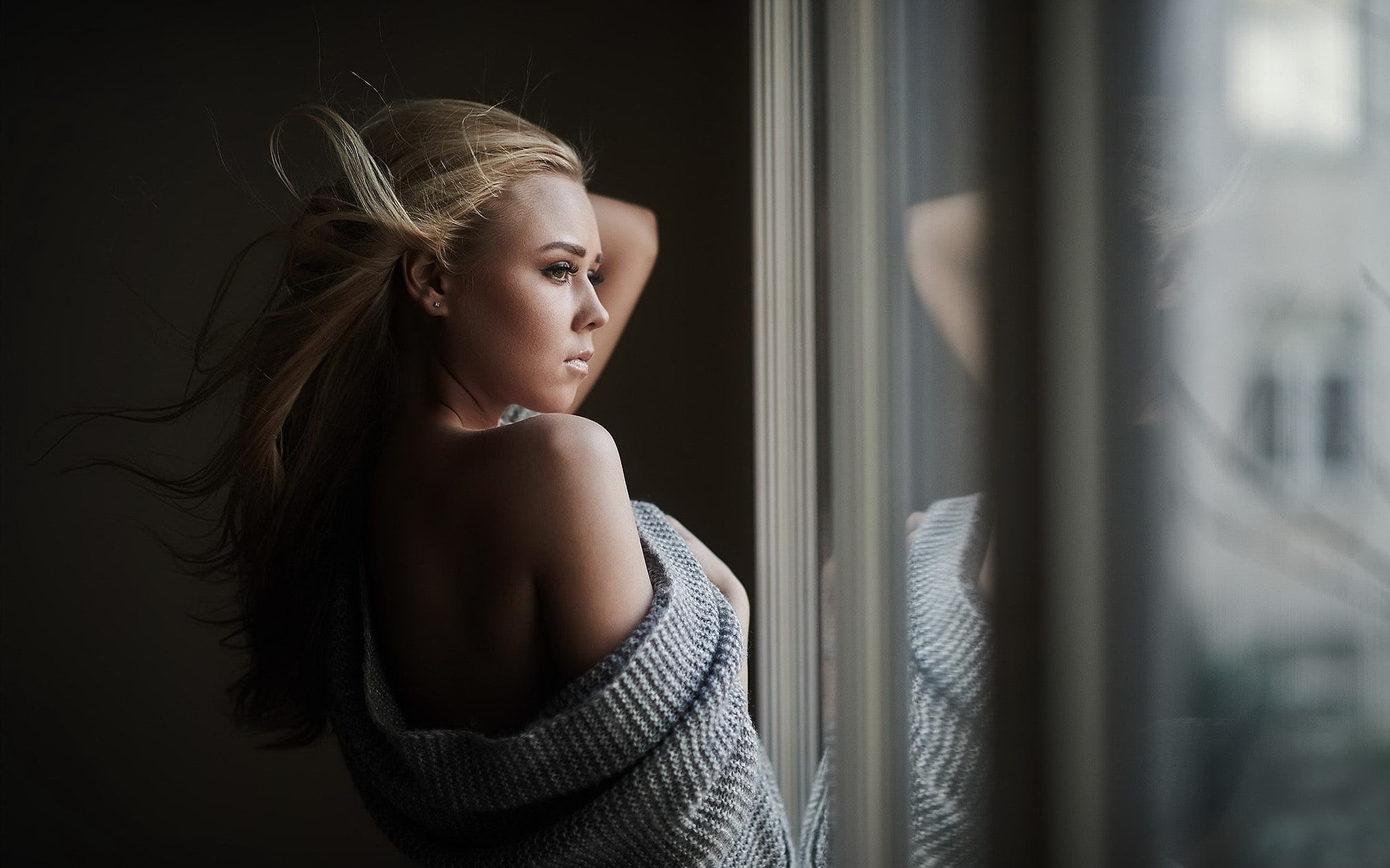 blonde, women, window, windy, 1080P, model, looking out window, blankets, long hair, HD Wallpaper
