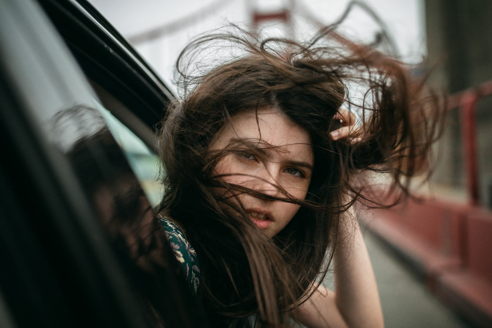 Jesse Herzog, young women, brunette, hairstyle, human hair, looking out window, leisure activity, hair, mode of transportation, long hair, brown hair, portrait, HD Wallpaper