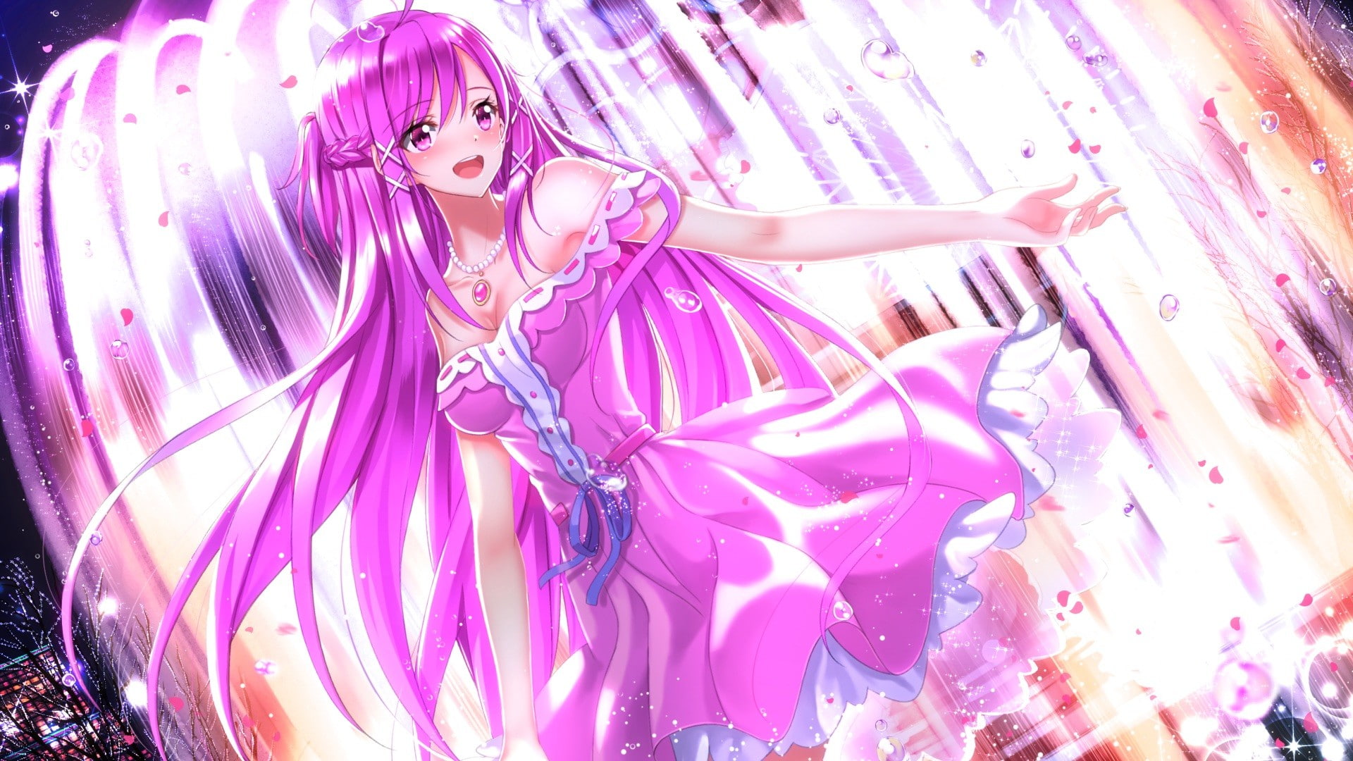 dress, beautiful woman, nature, purple, high angle view, adult, anime girls, young women, pink color, illuminated, young adult, beauty, Swordsouls, indoors, HD Wallpaper