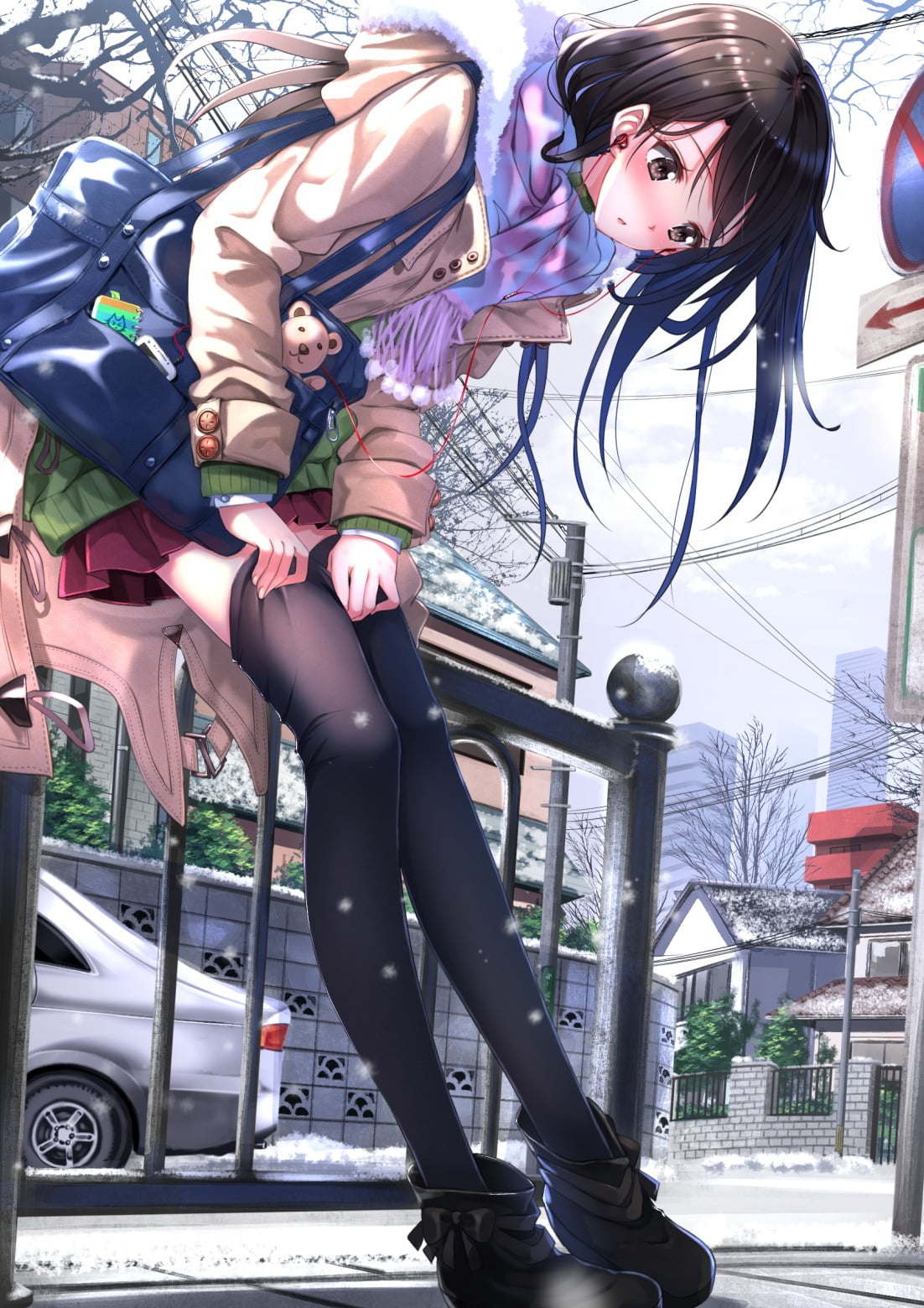 Swordsouls, casual clothing, anime, mode of transportation, clothing, winter, outdoors, scarf, two people, young adult, architecture, 720P, women, city, Phone HD Wallpaper