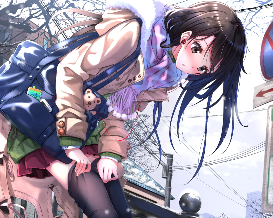 480P, anime girls, leisure activity, thigh-highs, portrait, childhood, girls, sister, outdoors, day, scarf, young women, casual clothing, Swordsouls, people, HD Wallpaper