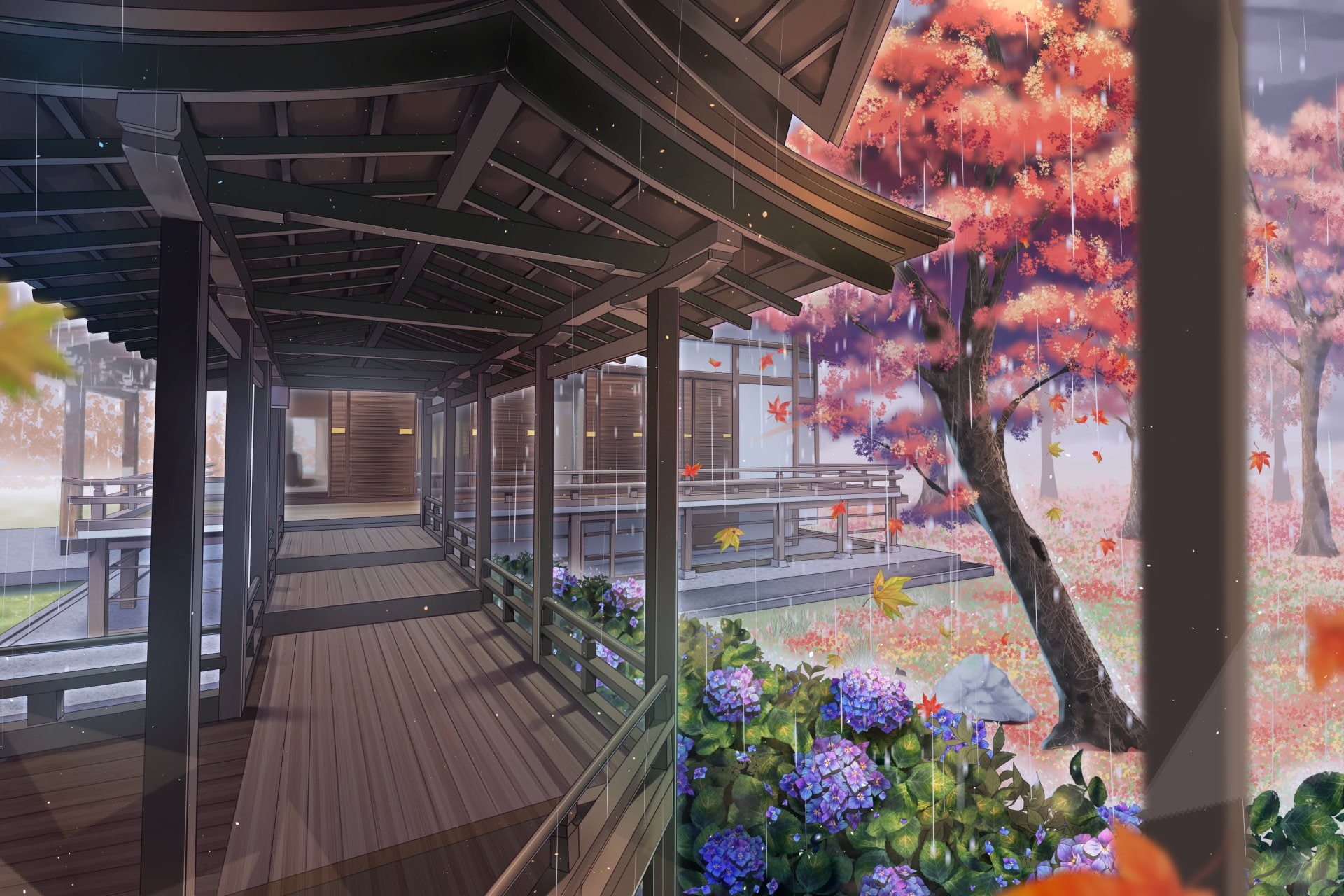 city, building exterior, 1080P, architecture, bridge, Anime, sunlight, railing, Rain, architectural column, Tree, flowering plant, nature, beauty in nature, HD Wallpaper