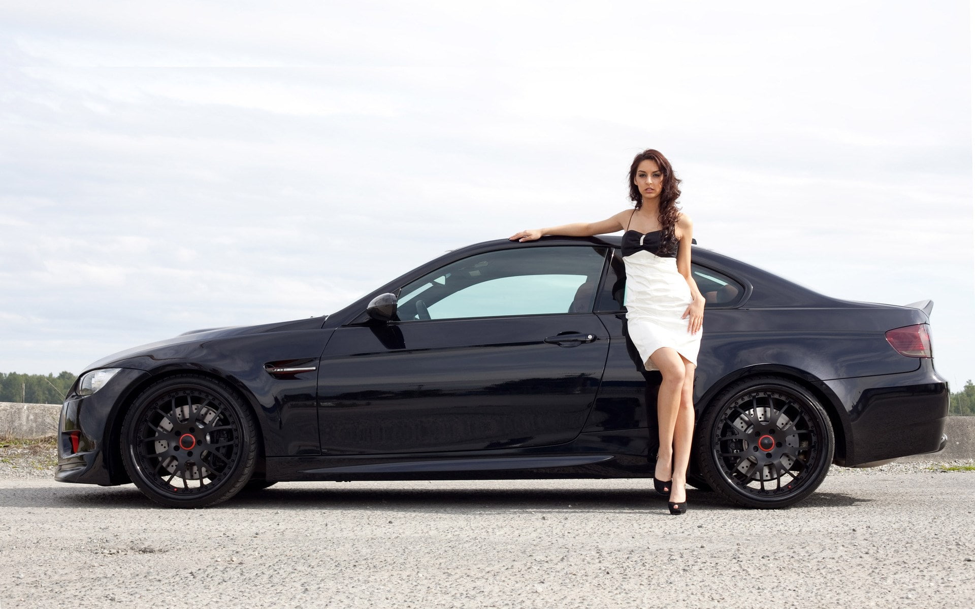 1080P, portrait, young adult, girls and cars, full length, black color, motor vehicle, young women, side view, looking at camera, women, wealth, car, one person, HD Wallpaper