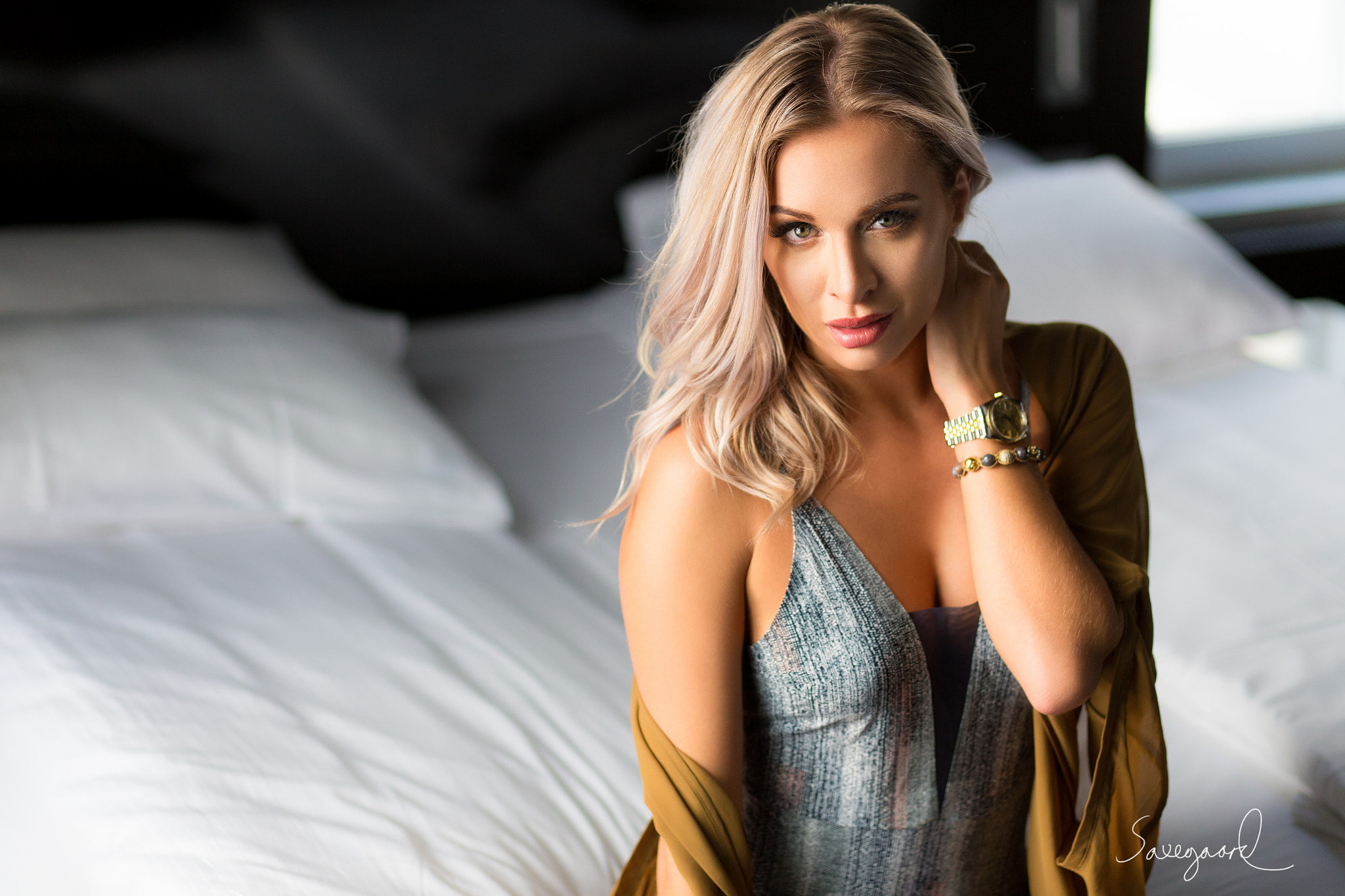 women, 1080P, looking at viewer, bracelets, hands in hair, Nicolai Saxegaard, Saxegaard, blonde, depth of field, in bed, 500px, model, HD Wallpaper