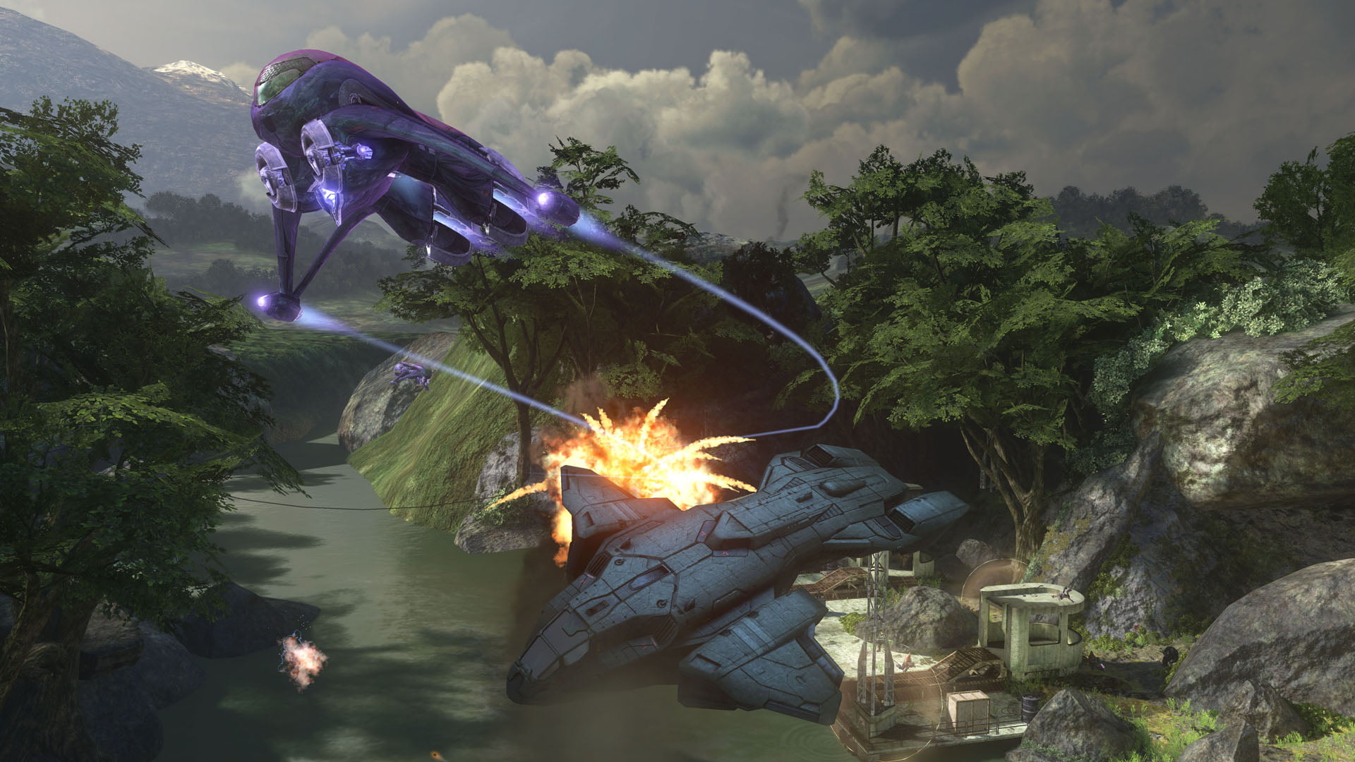 science fiction, in-game, Banshee (Halo), video game art, 1080P, Halo 3, Covenant, Halo, forest, Pelican (Halo), Earth, battle, aircraft, video games, HD Wallpaper