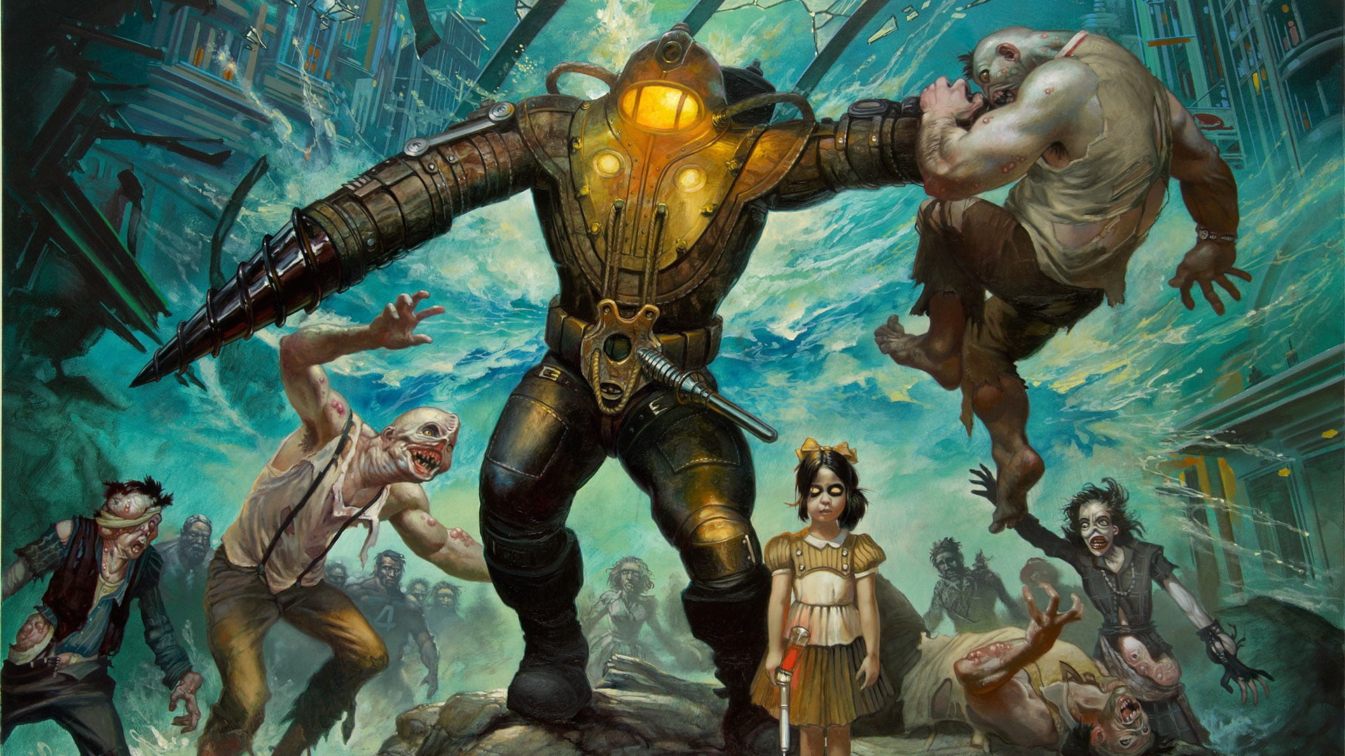 video, big daddy, bioshock, hd, little sister, big, 1080P, art, daddy, sister, games, little, x, HD Wallpaper