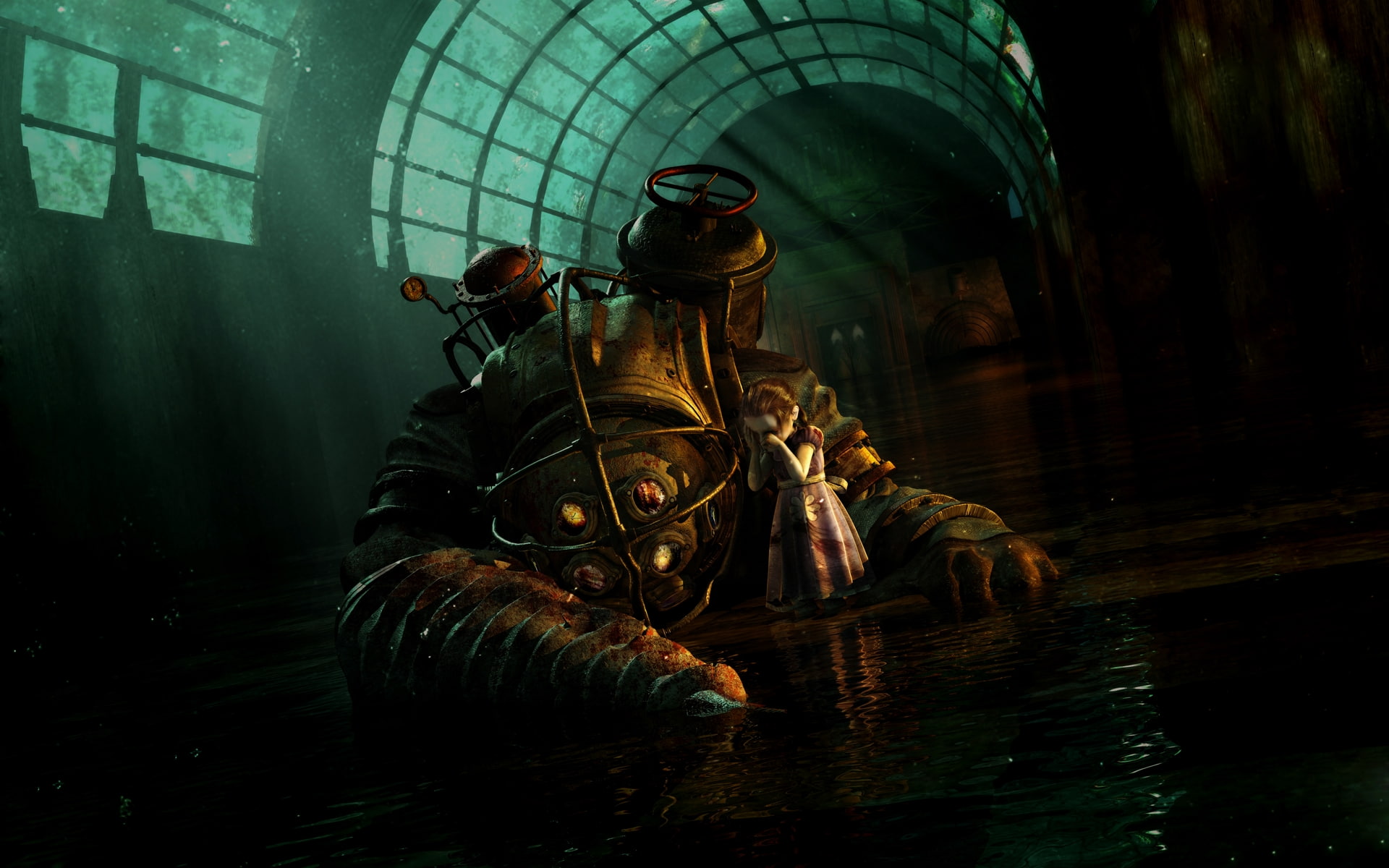 little sister, big daddy, games, sister, art, x, daddy, bioshock, little, big, 1080P, hd, video, HD Wallpaper