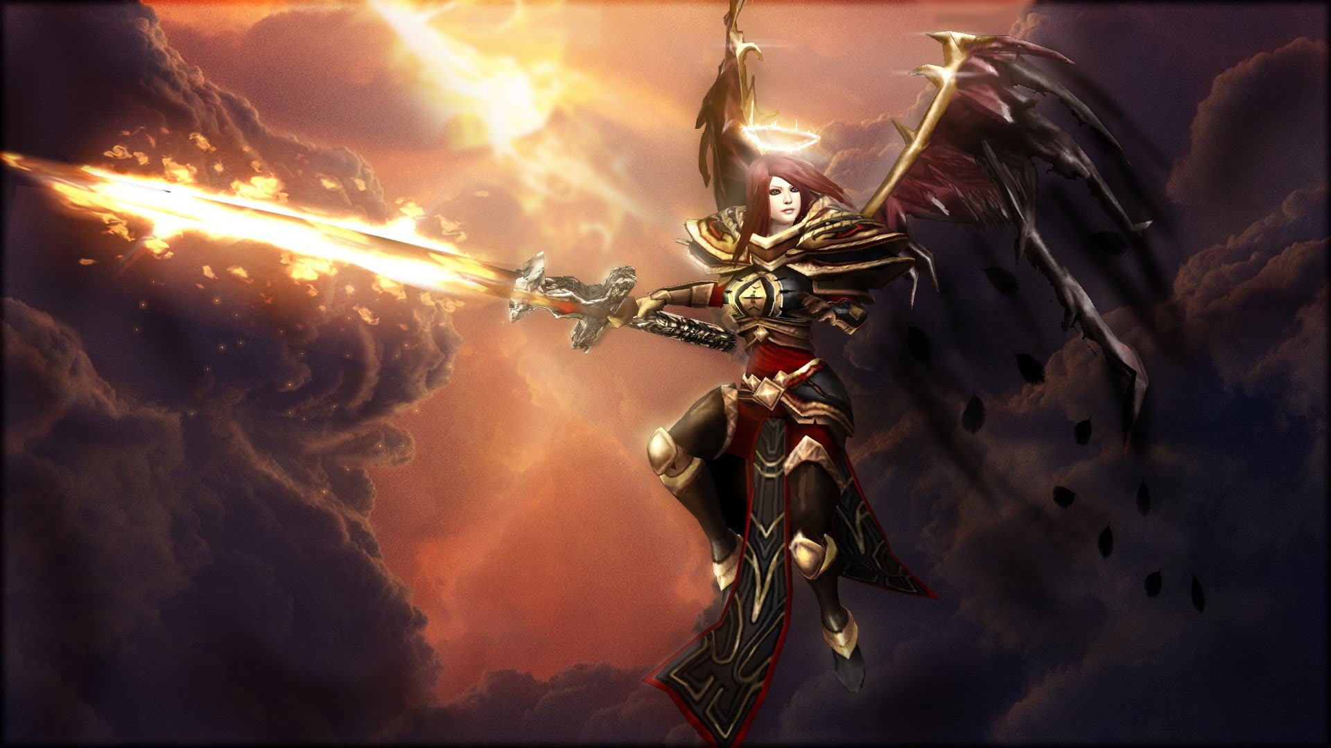 wings, league, sun, angels, kayle, 1080P, clouds, legends, crimson, halo, swords, elite, HD Wallpaper