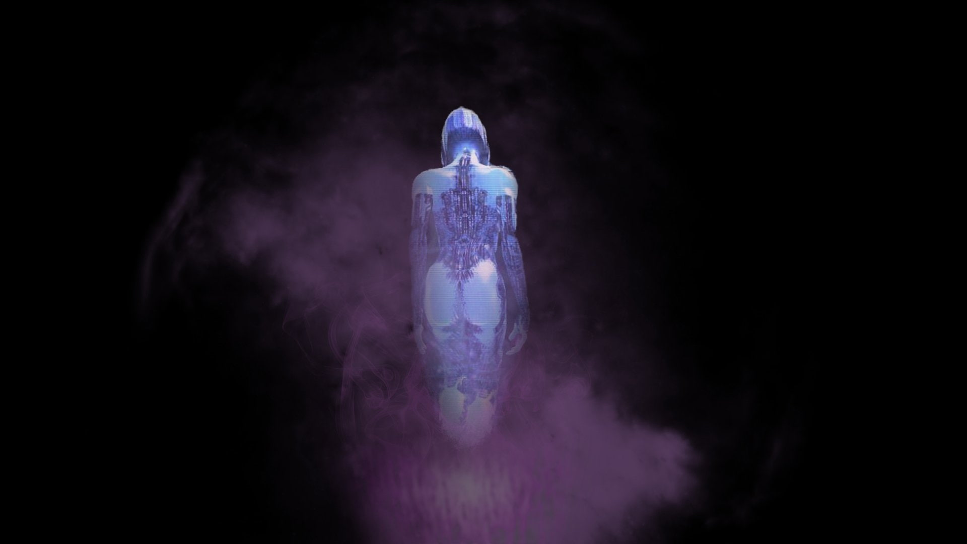 black background, nature, smoke - physical structure, spotlight, illuminated, full length, purple, night, space, blue, rear view, futuristic, 1080P, studio shot, HD Wallpaper