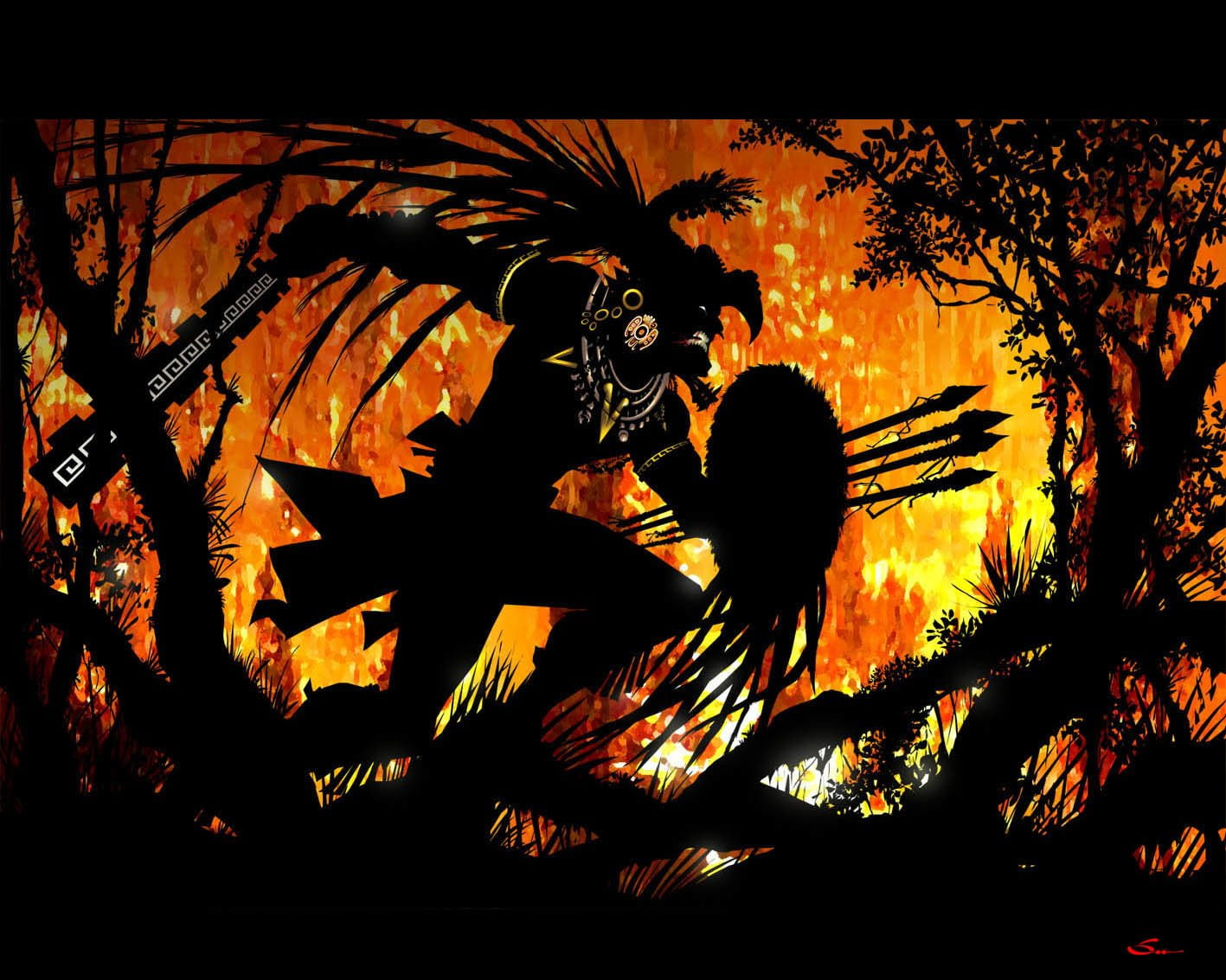 720P, silhouette, Aztec, Warrior, illustration, Dark, HD Wallpaper