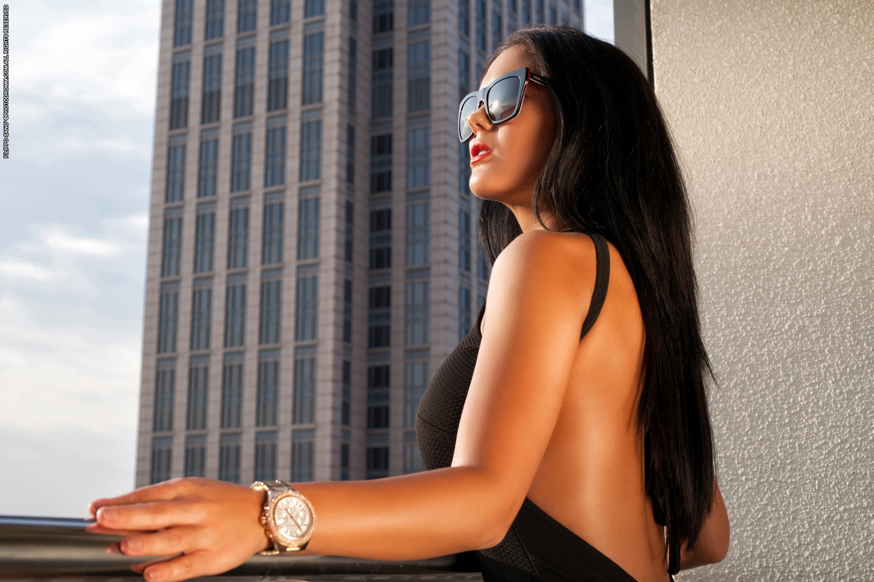 building exterior, hair  , brown hair, long hair, women with shades, outdoors, fashion, watch, built structure, portrait, sun rays, bare shoulders, black hair, HD Wallpaper