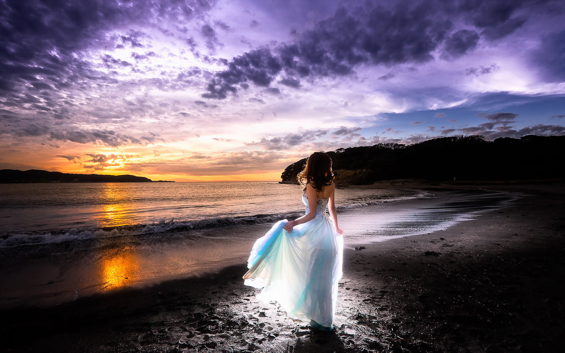 blue, sunset, real people, 1080P, fashion, tranquil scene, young Adult, beautiful, lifestyles, bride, scenics - nature, wedding Dress, caucasian Ethnicity, HD Wallpaper