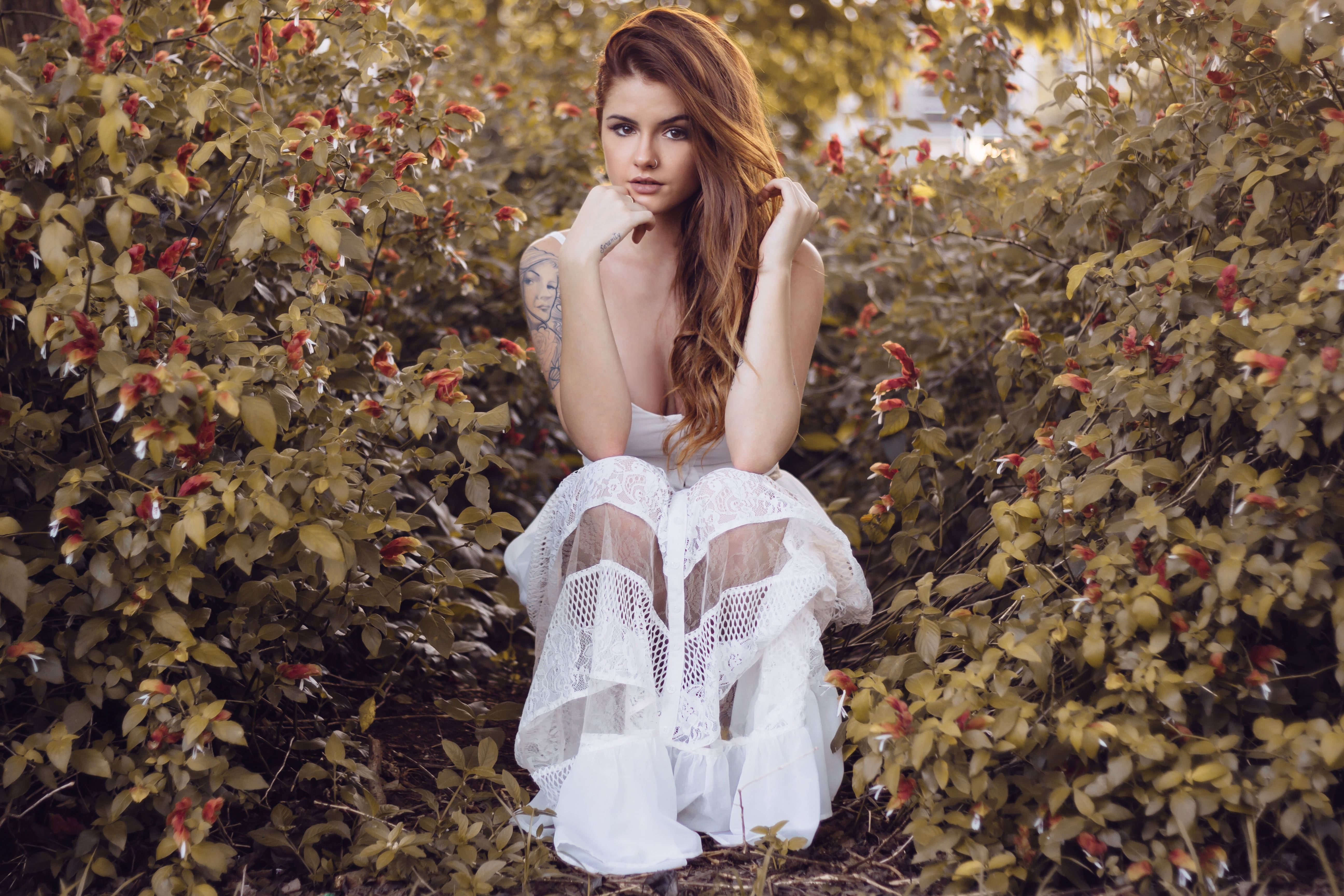 plant part, lace, one person, long hair, Camila Senna, clothing, sitting, young adult, 5K, young women, beautiful woman, piercing, girl, sleeveless, dress, HD Wallpaper
