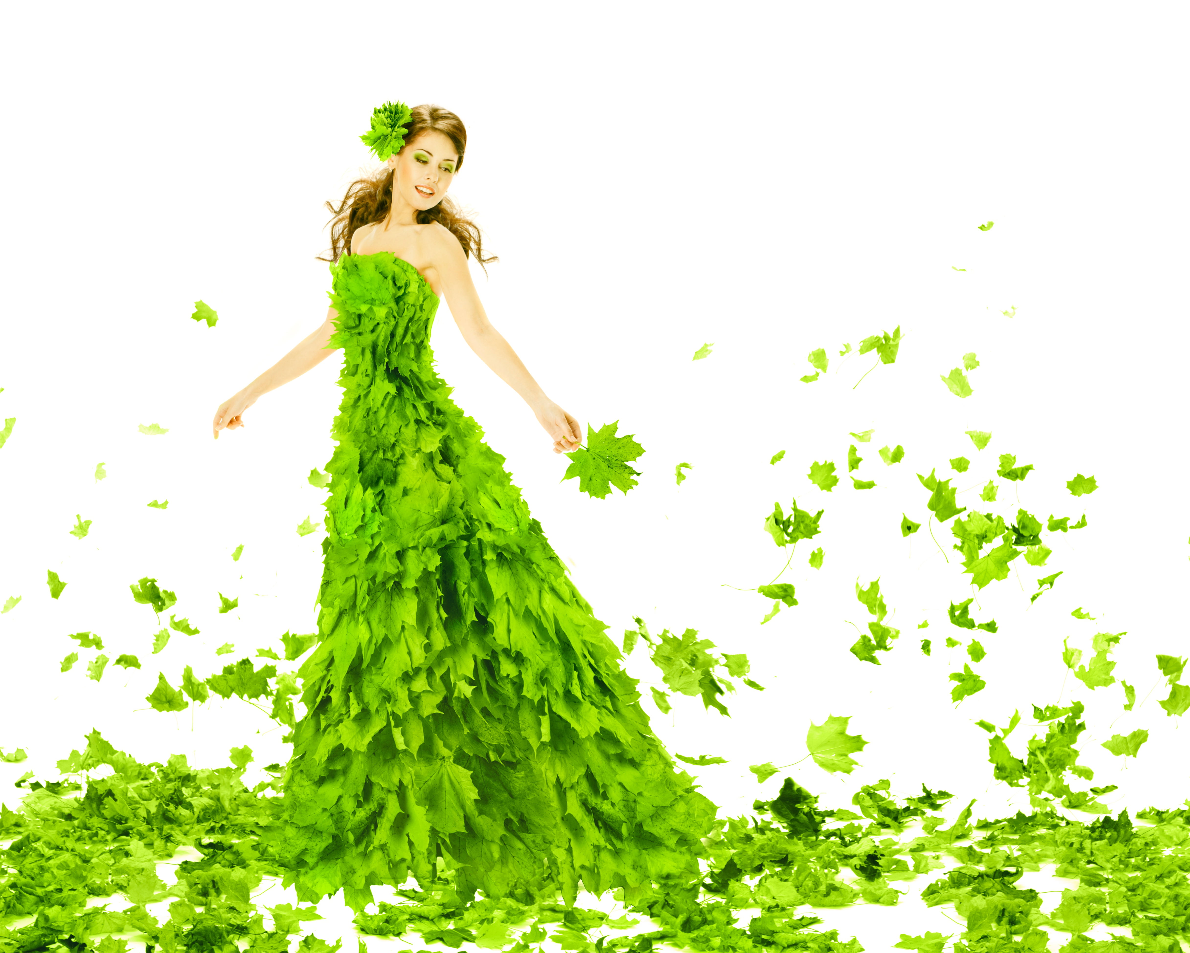 young adult, hair, hairstyle, beautiful woman, women, beautiful people, makeup, beautiful, girl, leaf, maxi, studio shot, fashion, nature, adult, outfit, HD Wallpaper